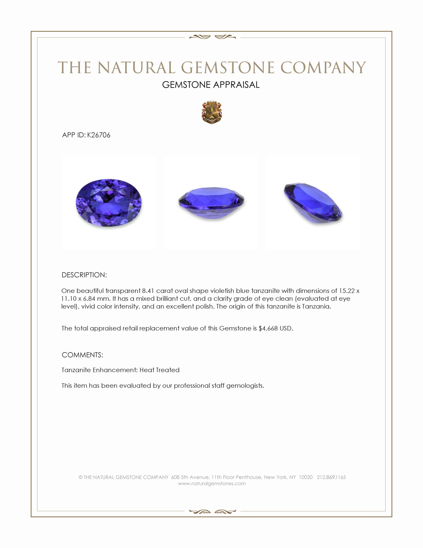 8.41 Ct. Violetish Blue Tanzanite from Tanzania