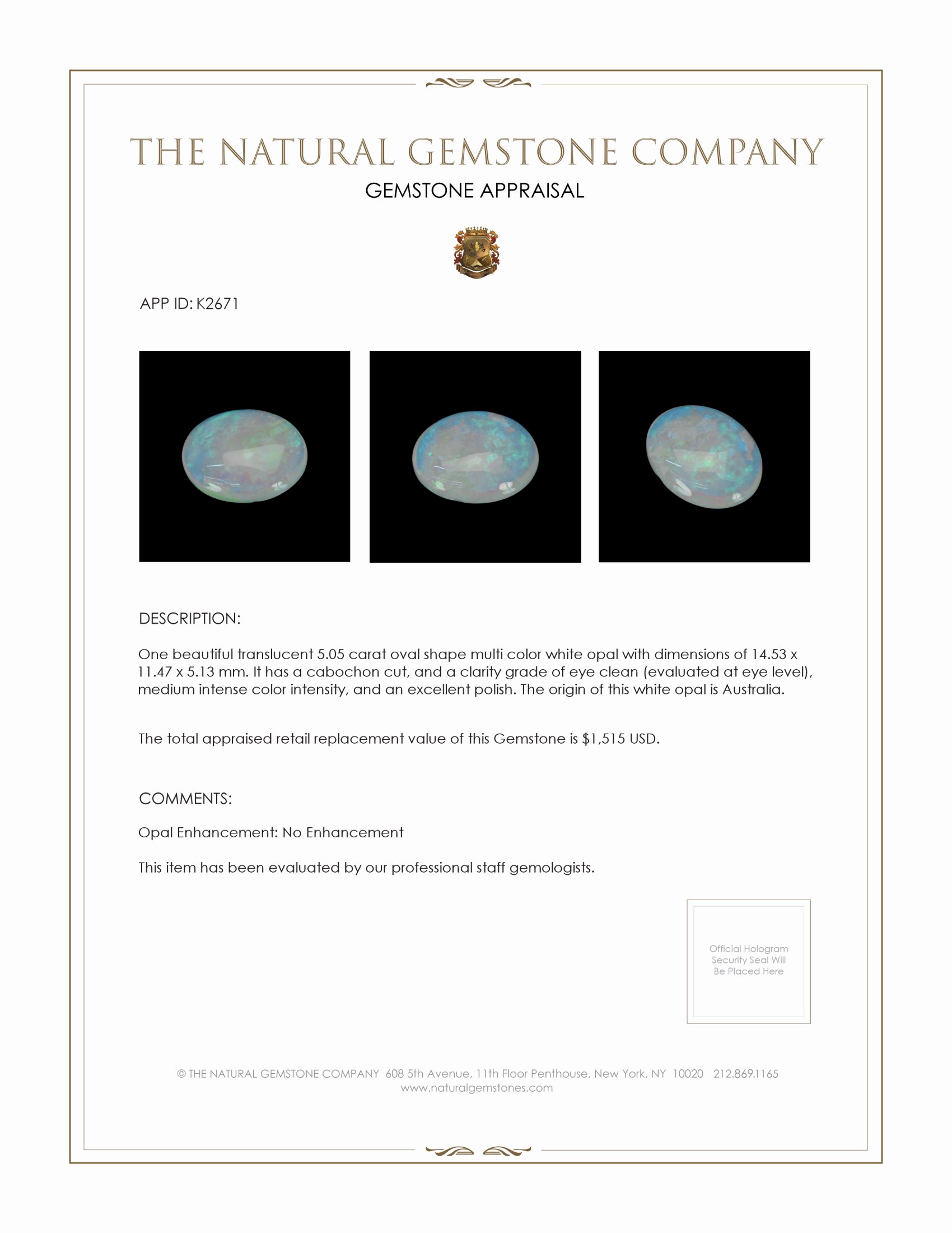 5.05 Ct. Cabochon White Opal from Australia