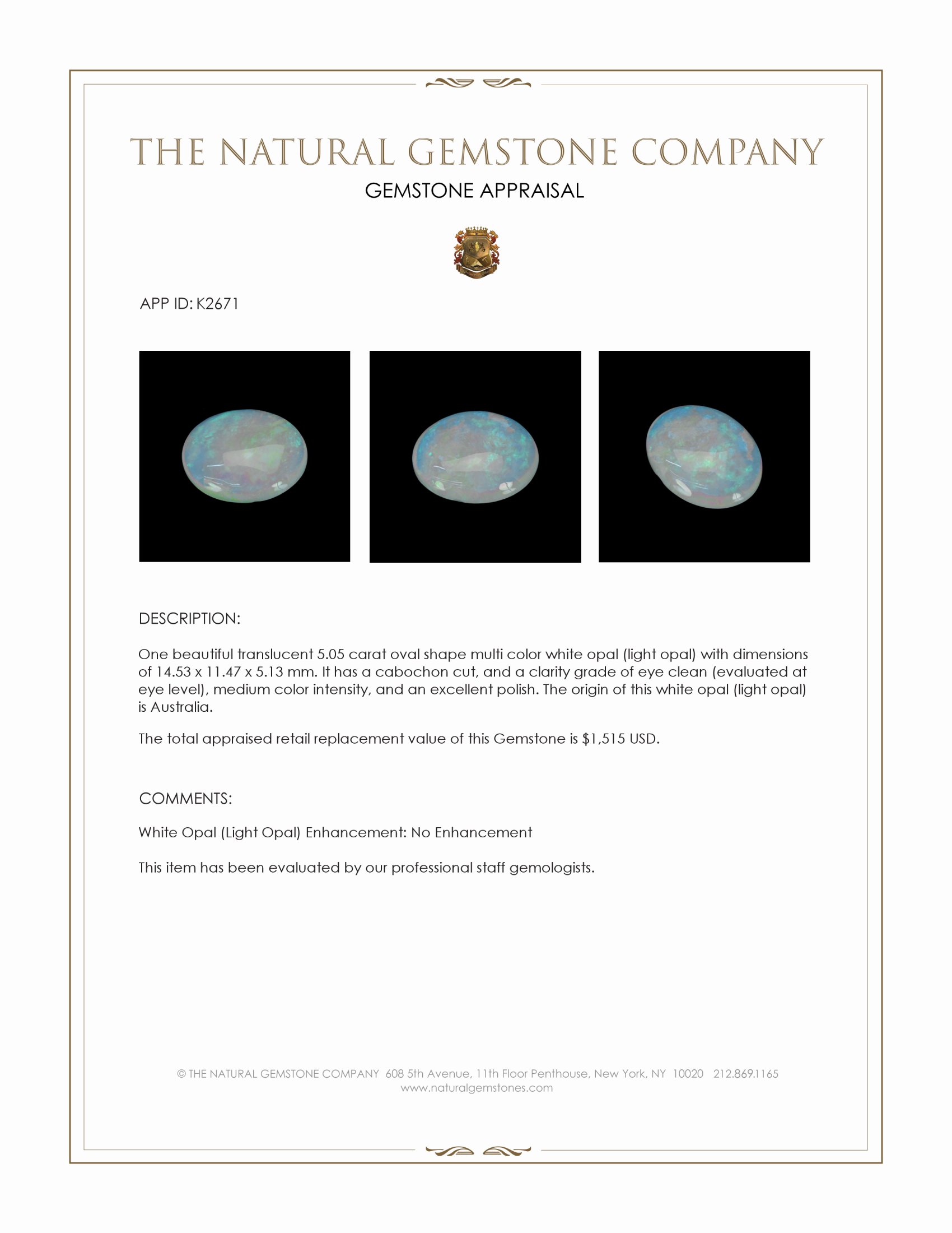 5.05 Ct. Multi Color Cabochon White Opal (Light Opal) from Australia