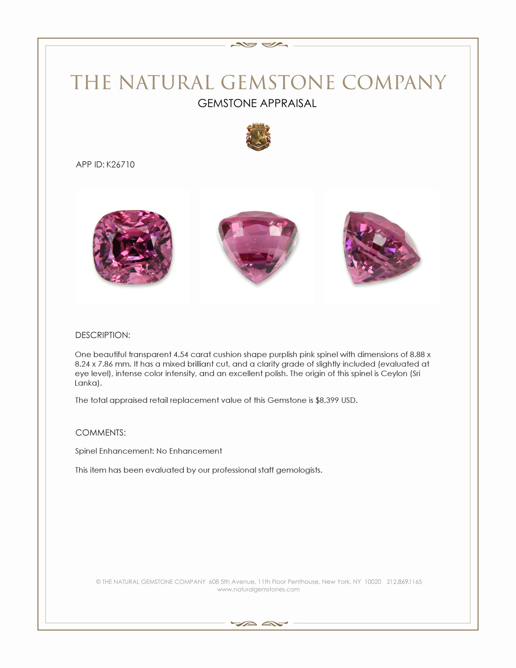 4.54 Ct. Purplish Pink Spinel from Ceylon (Sri Lanka)