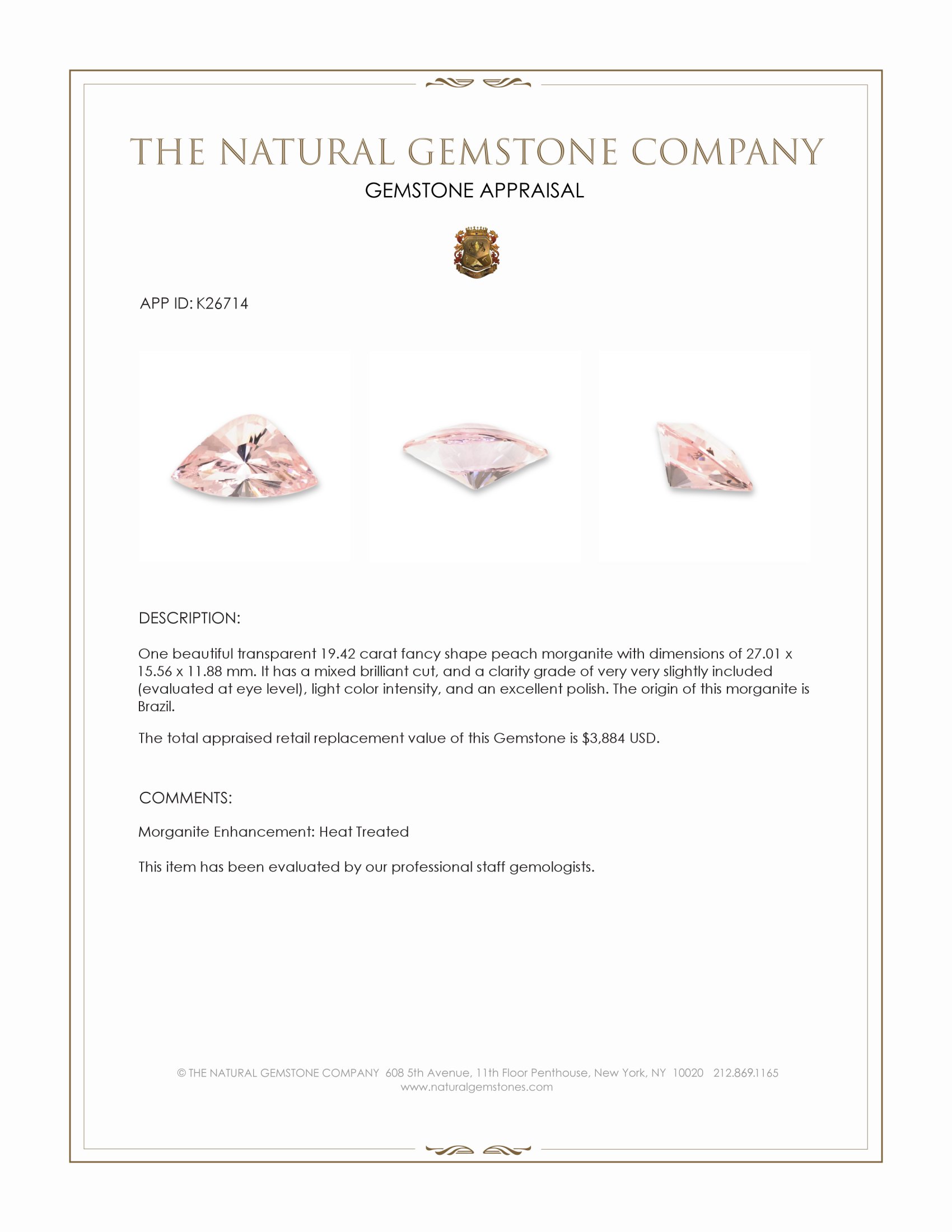 19.42 Ct. Peach Morganite from Brazil