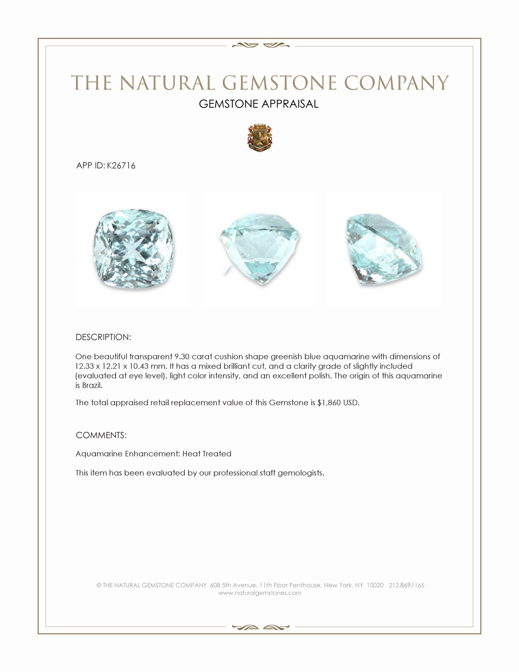 9.30 Ct. Greenish Blue Aquamarine from Brazil