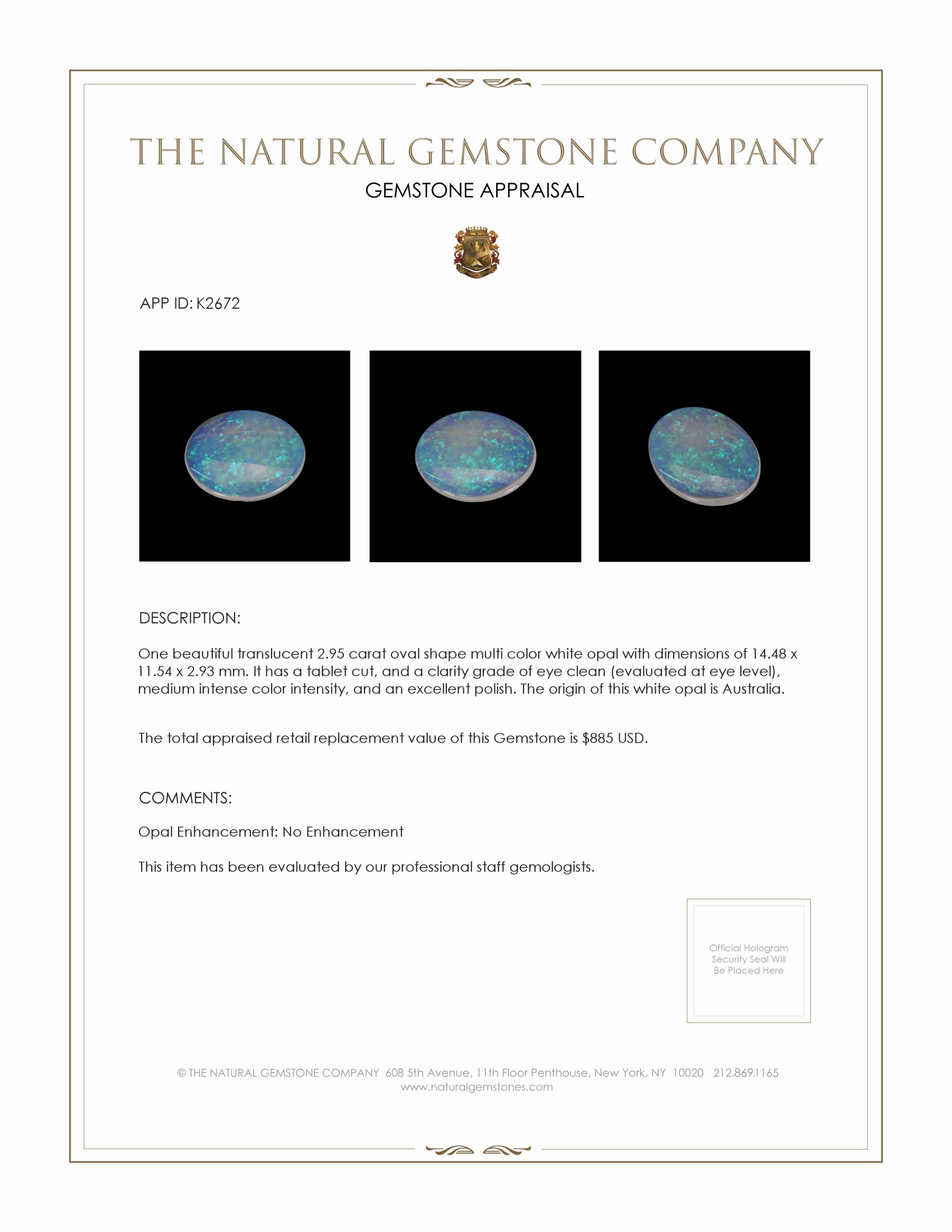 2.95 Ct. White Opal from Australia