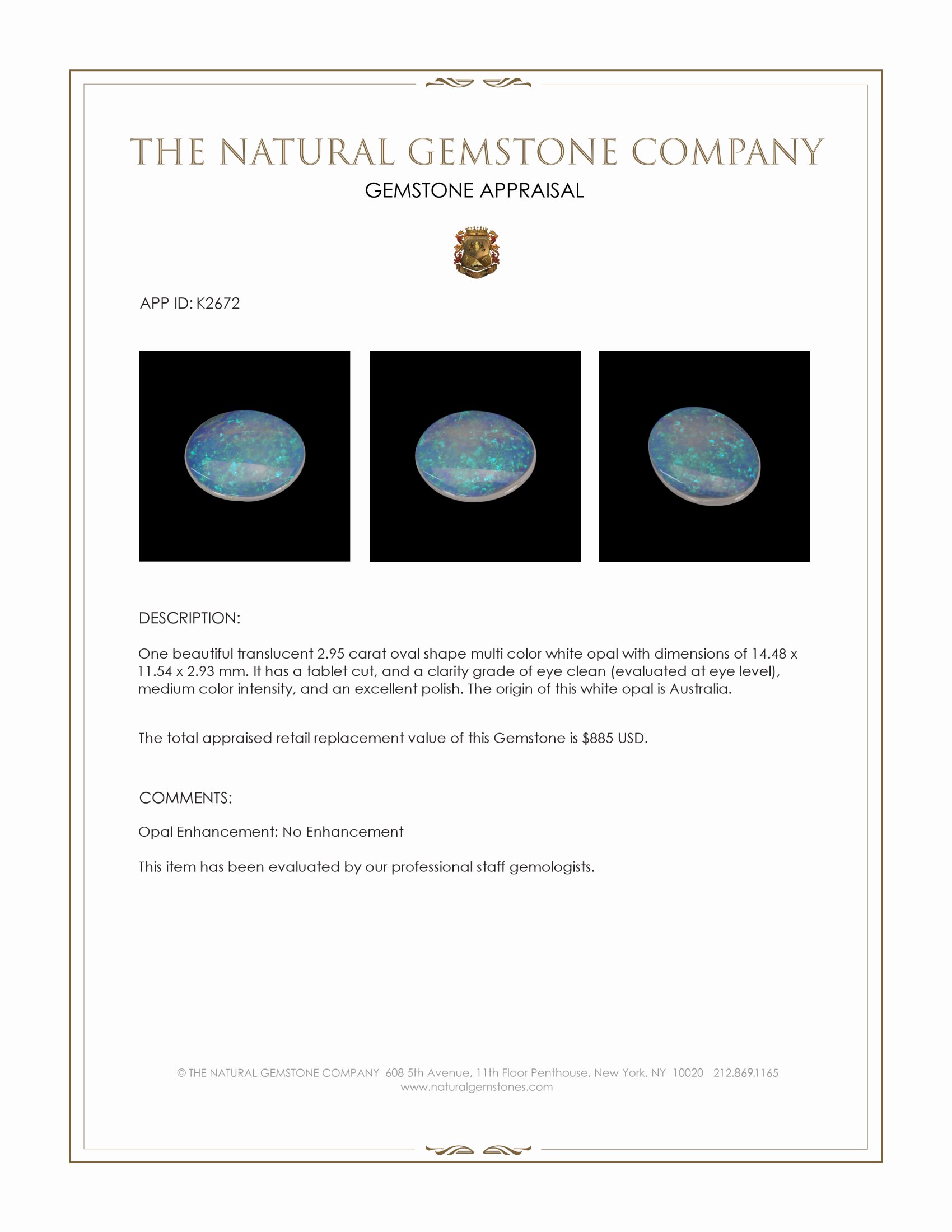 2.95 Ct. White Opal from Australia