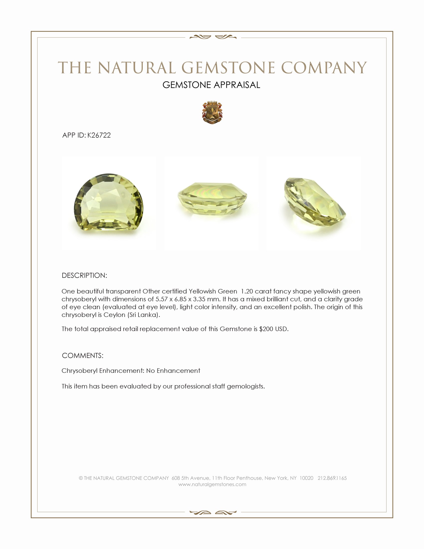 1.20 Ct. Yellowish Green Chrysoberyl from Ceylon (Sri Lanka)