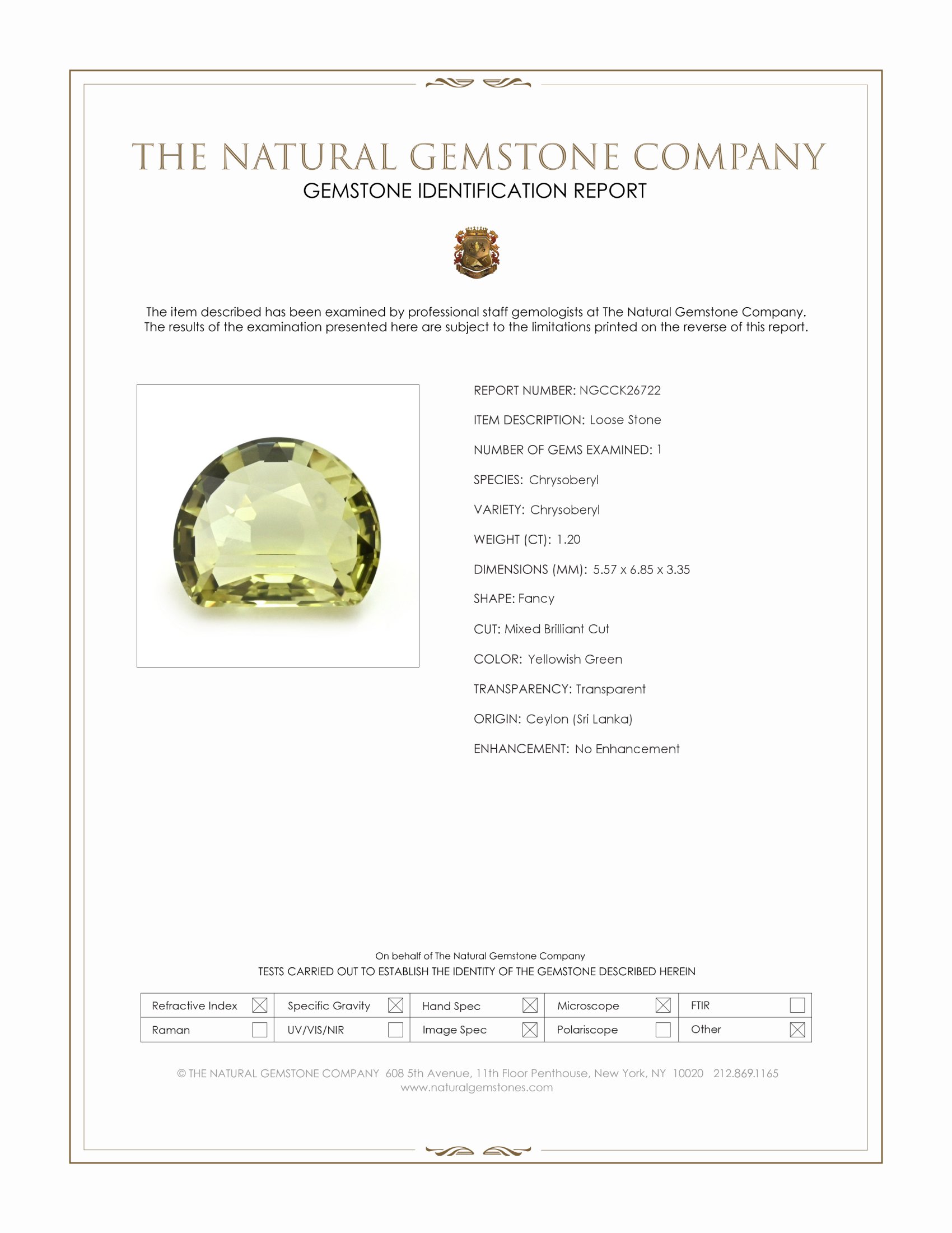 1.20 Ct. Yellowish Green Chrysoberyl from Ceylon (Sri Lanka)