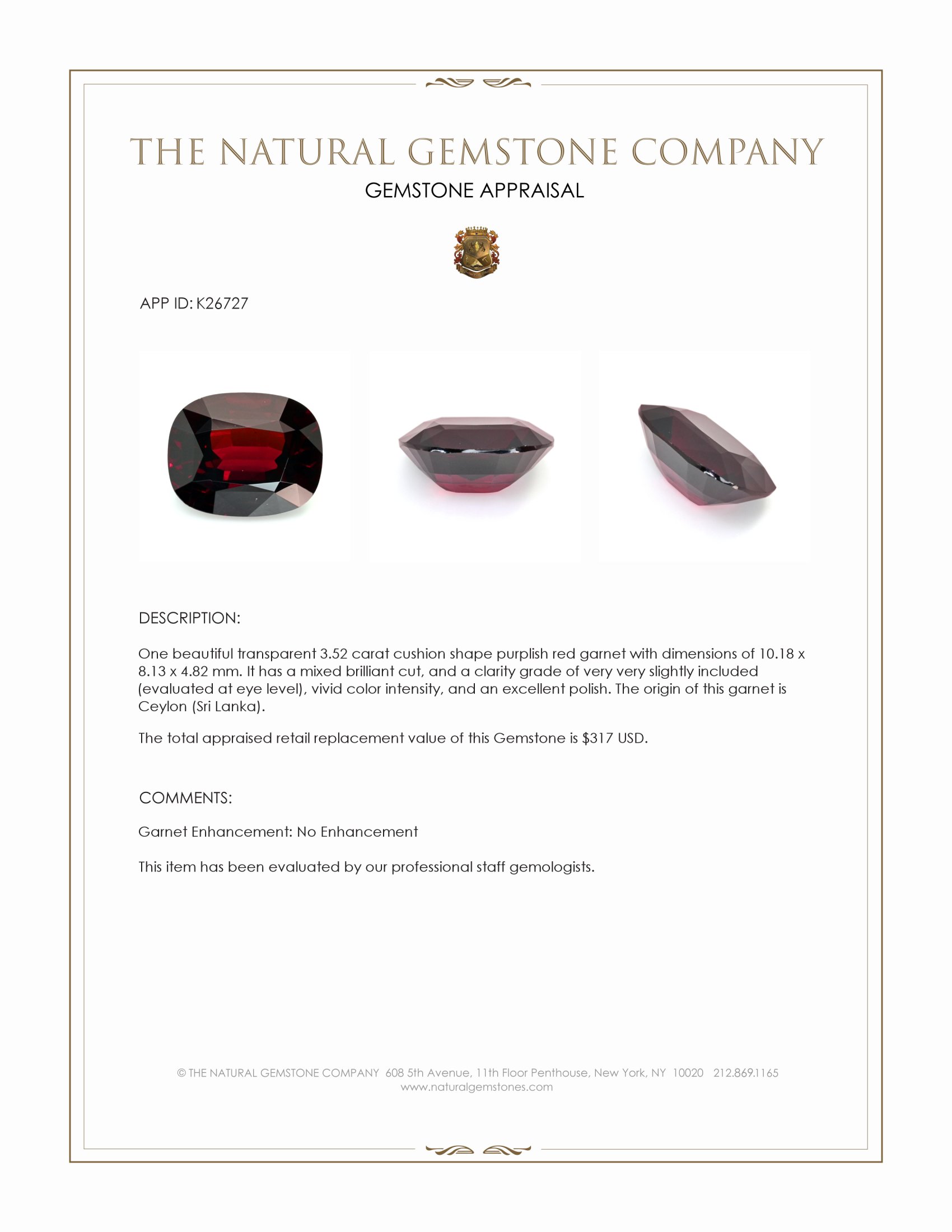 3.52 Ct. Purplish Red Garnet from Ceylon (Sri Lanka)