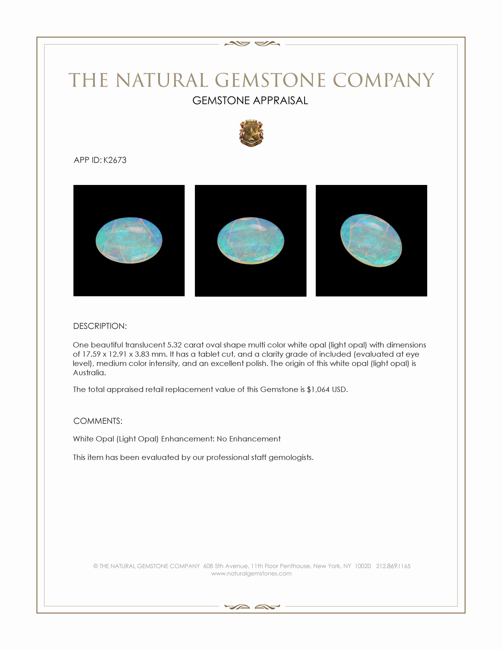 5.32 Ct. Multi Color White Opal (Light Opal) from Australia