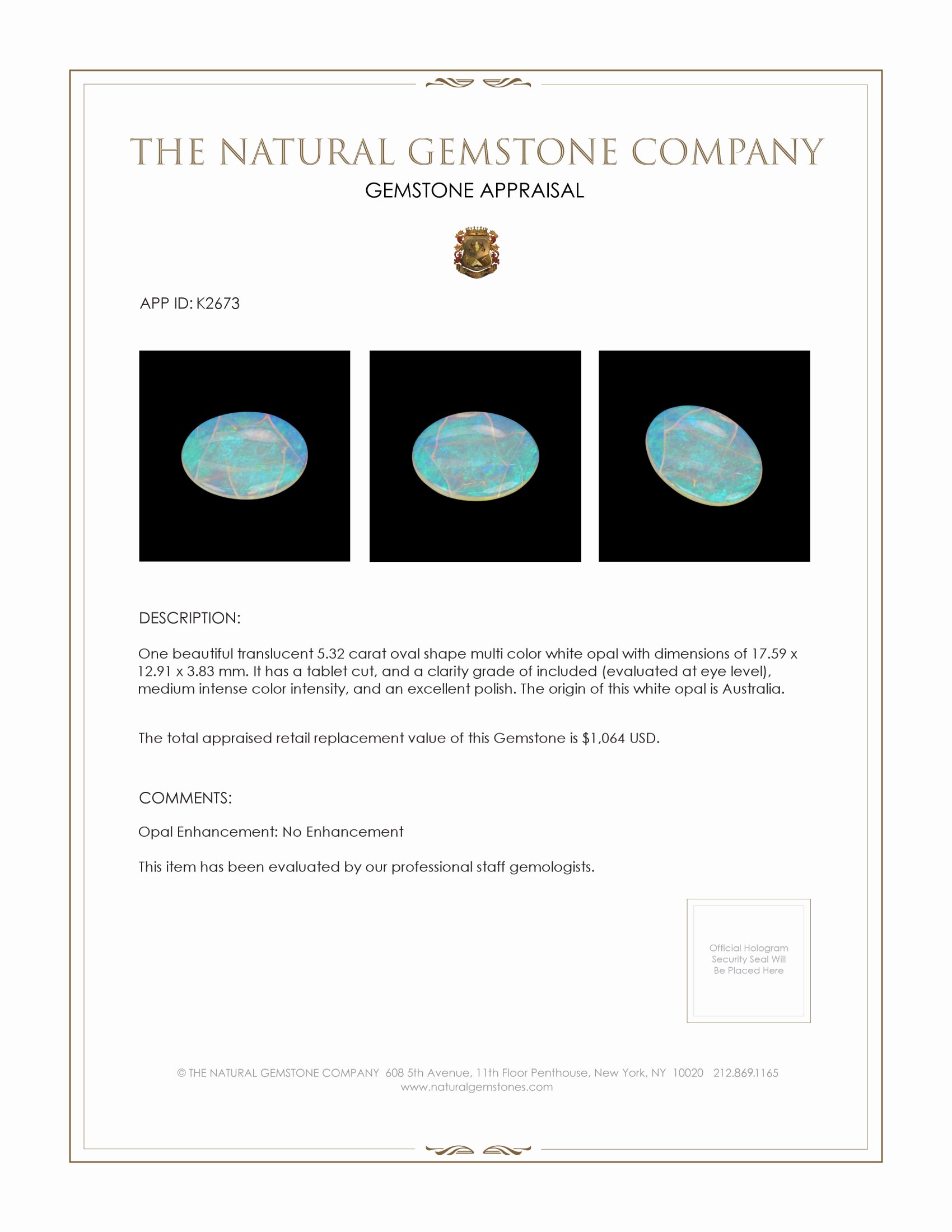 5.32 Ct. White Opal from Australia