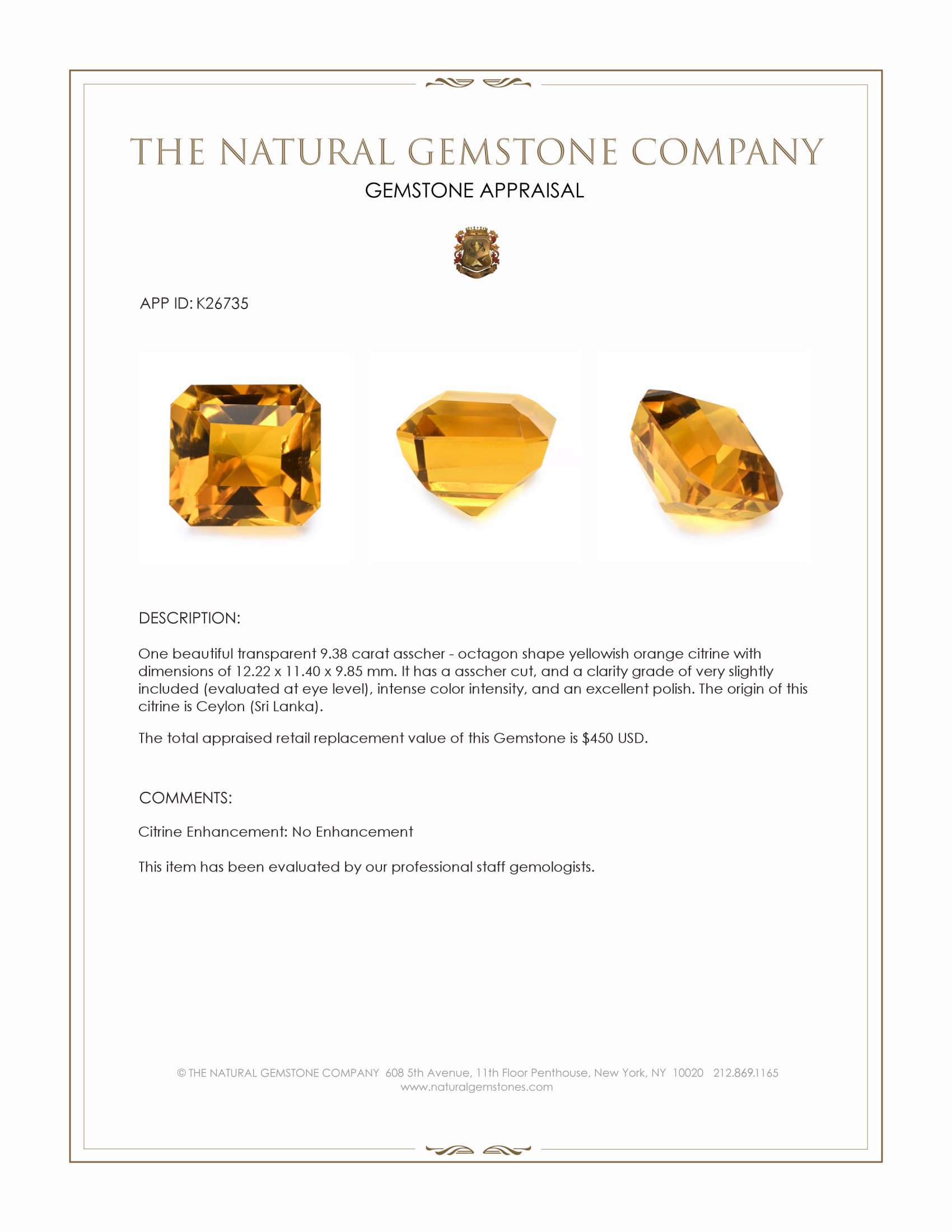 9.38 Ct. Yellowish Orange Citrine from Ceylon (Sri Lanka)