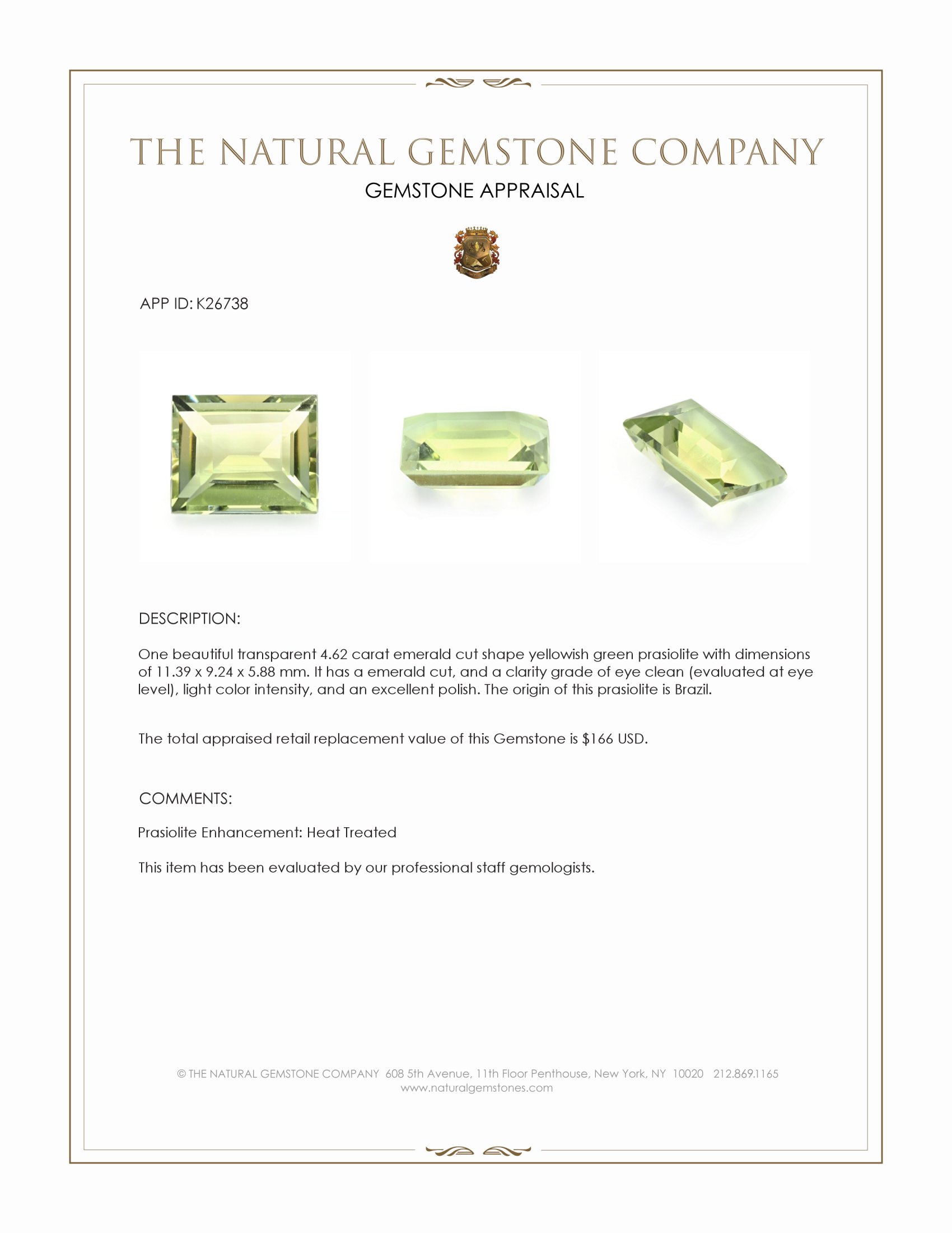 4.62 Ct. Yellowish Green Prasiolite from Brazil
