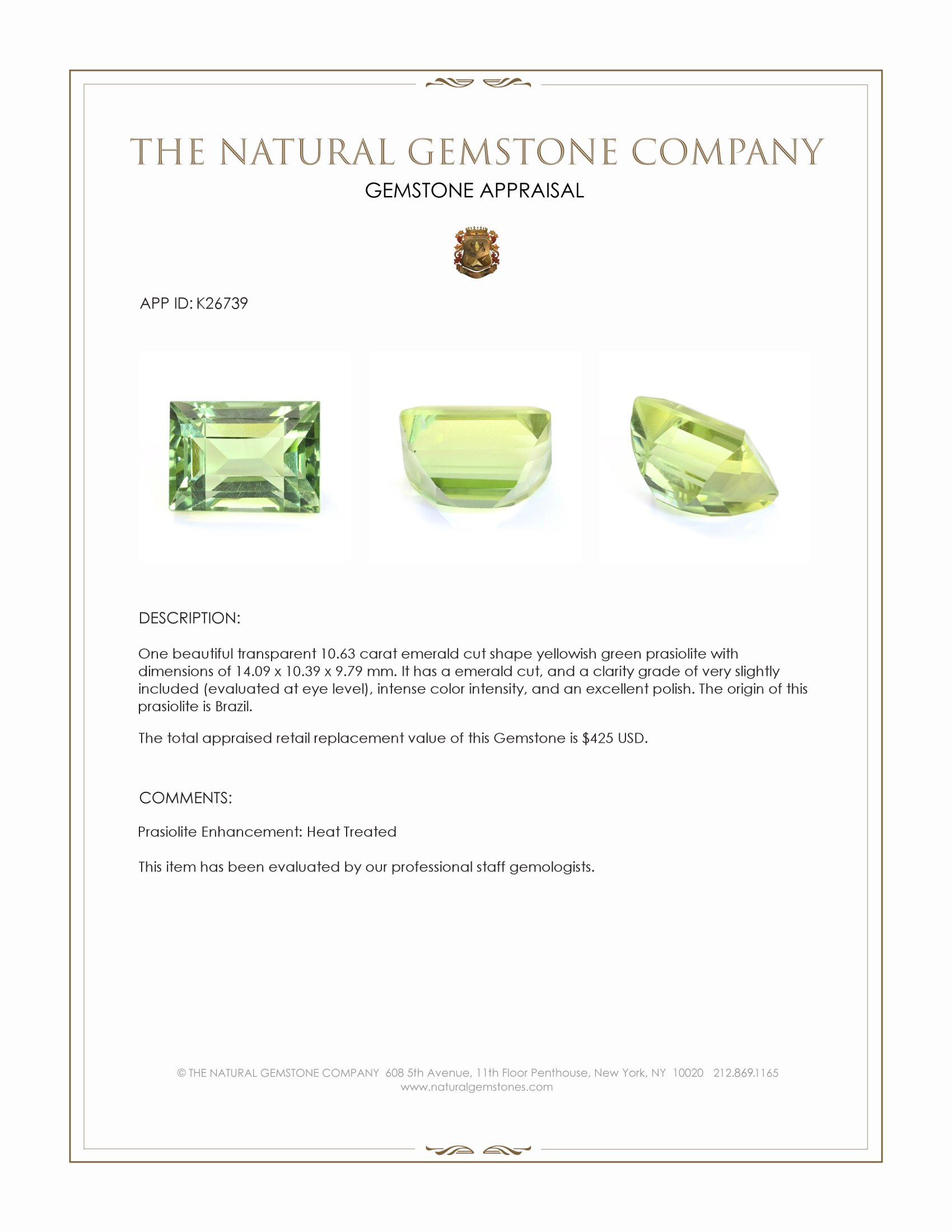 10.63 Ct. Yellowish Green Prasiolite from Brazil