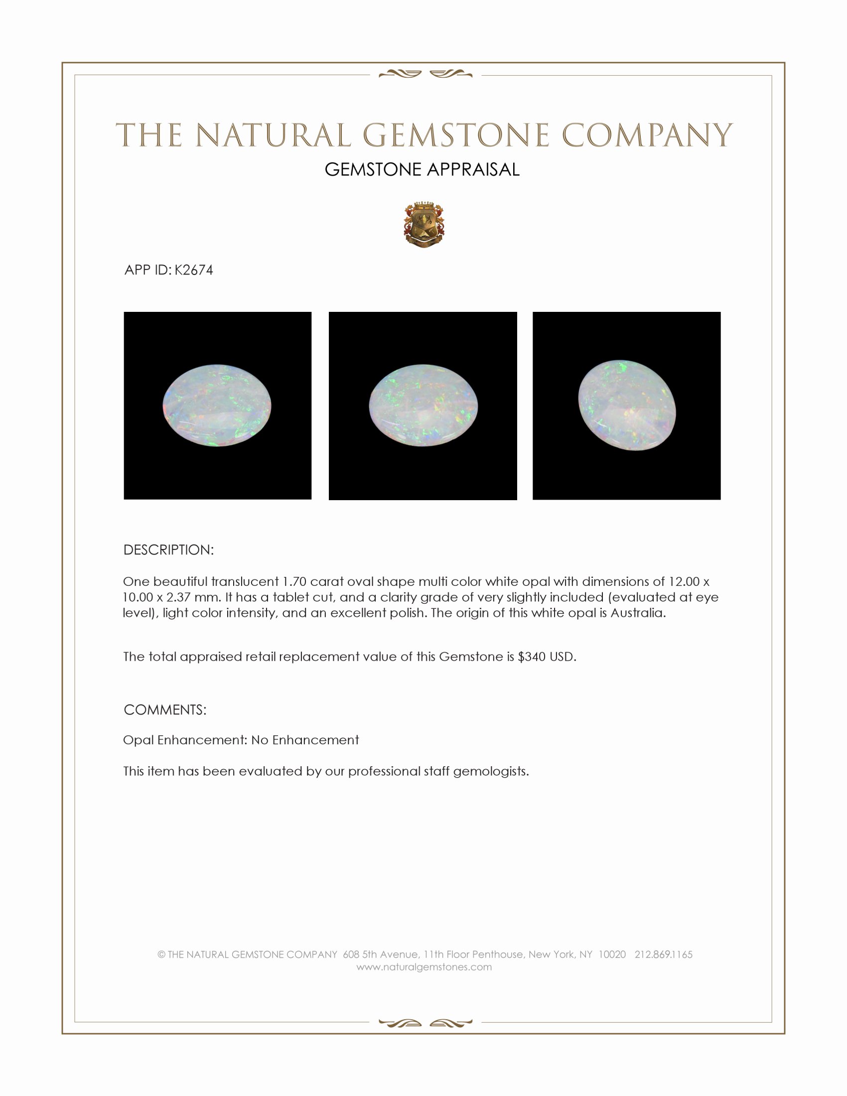 1.70 Ct. White Opal from Australia