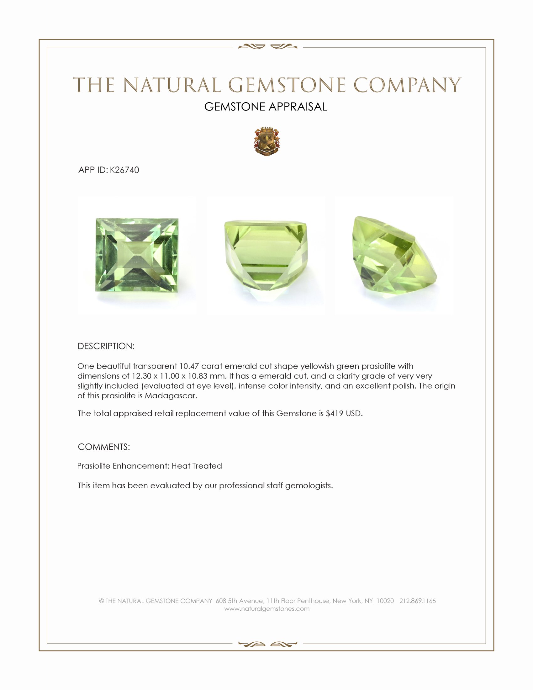 10.47 Ct. Yellowish Green Prasiolite from Madagascar