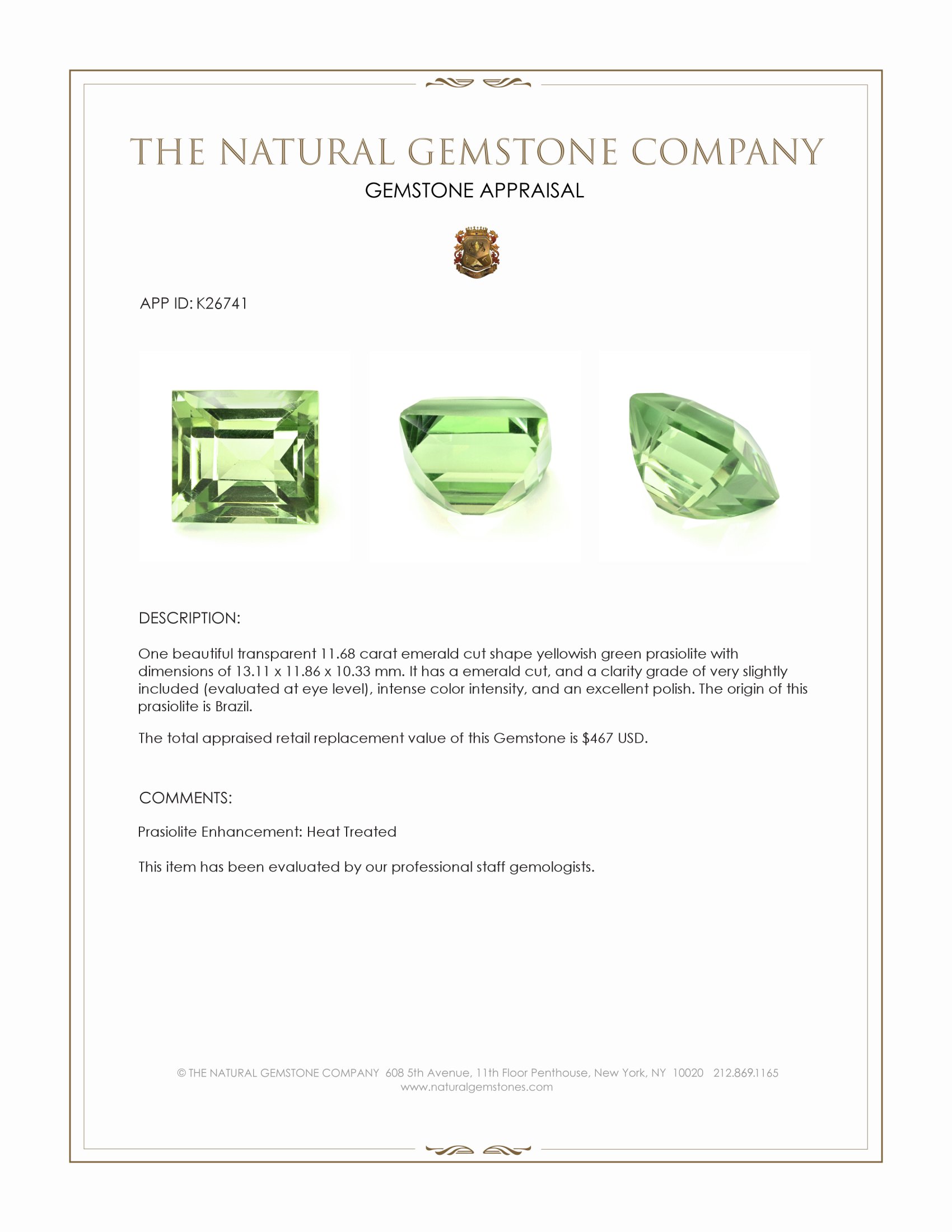11.68 Ct. Yellowish Green Prasiolite from Brazil