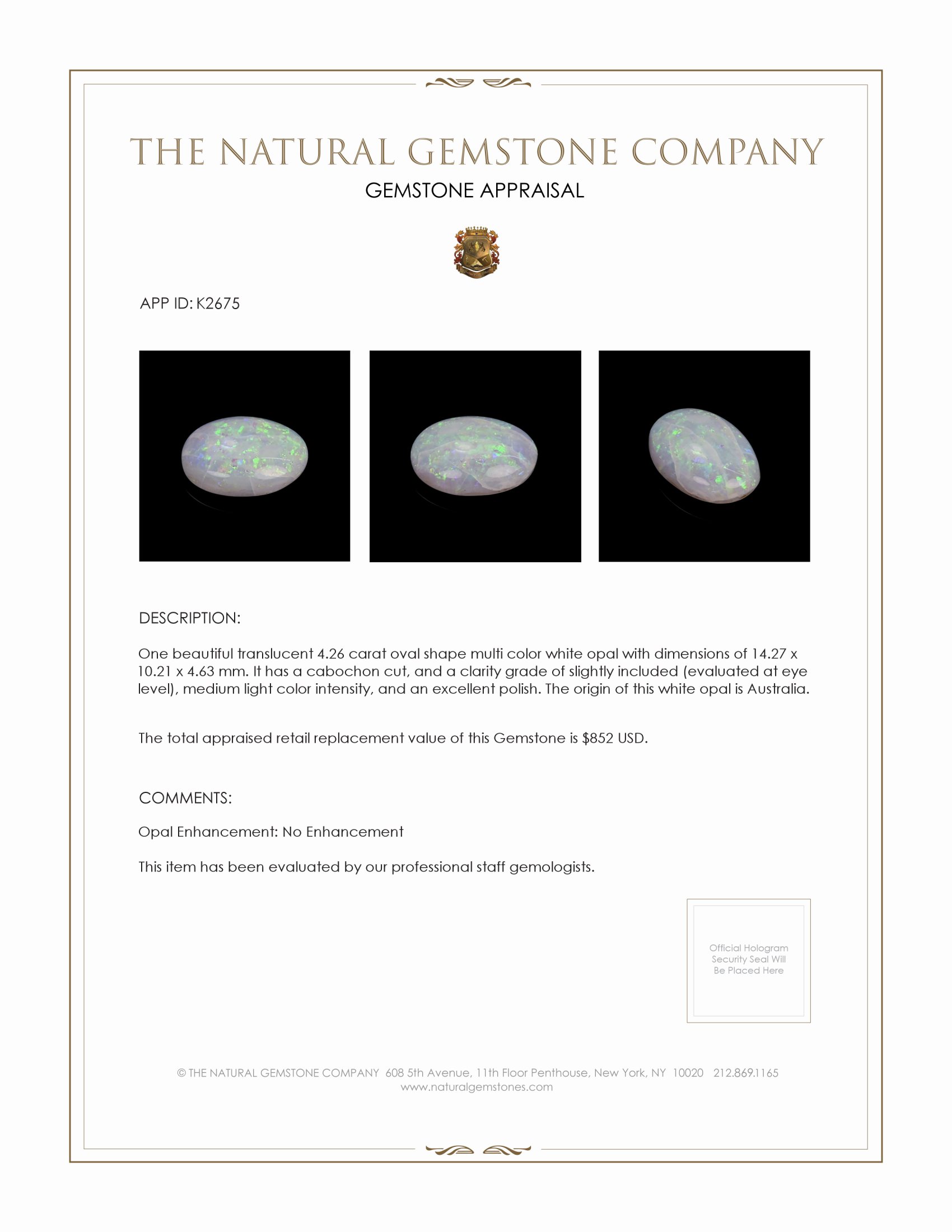 4.26 Ct. Cabochon White Opal from Australia