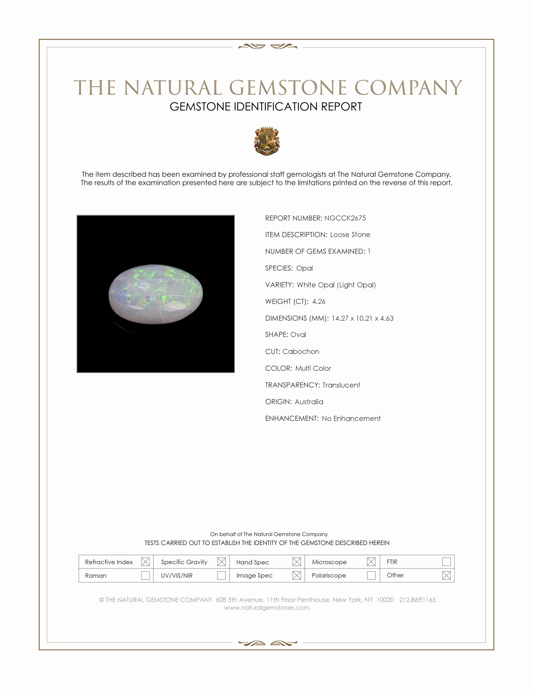 4.26 Ct. Multi Color Cabochon White Opal (Light Opal) from Australia