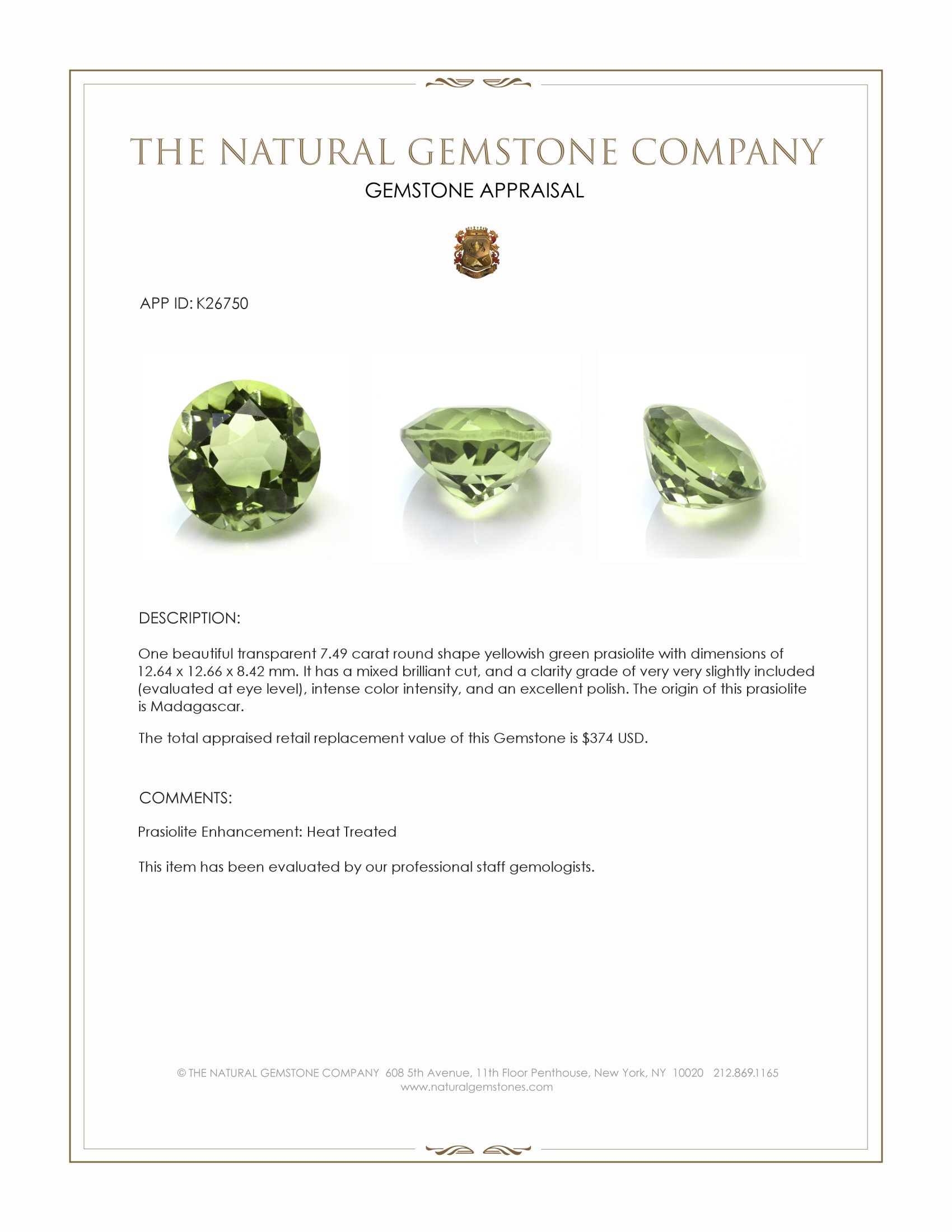 7.49 Ct. Yellowish Green Prasiolite from Madagascar