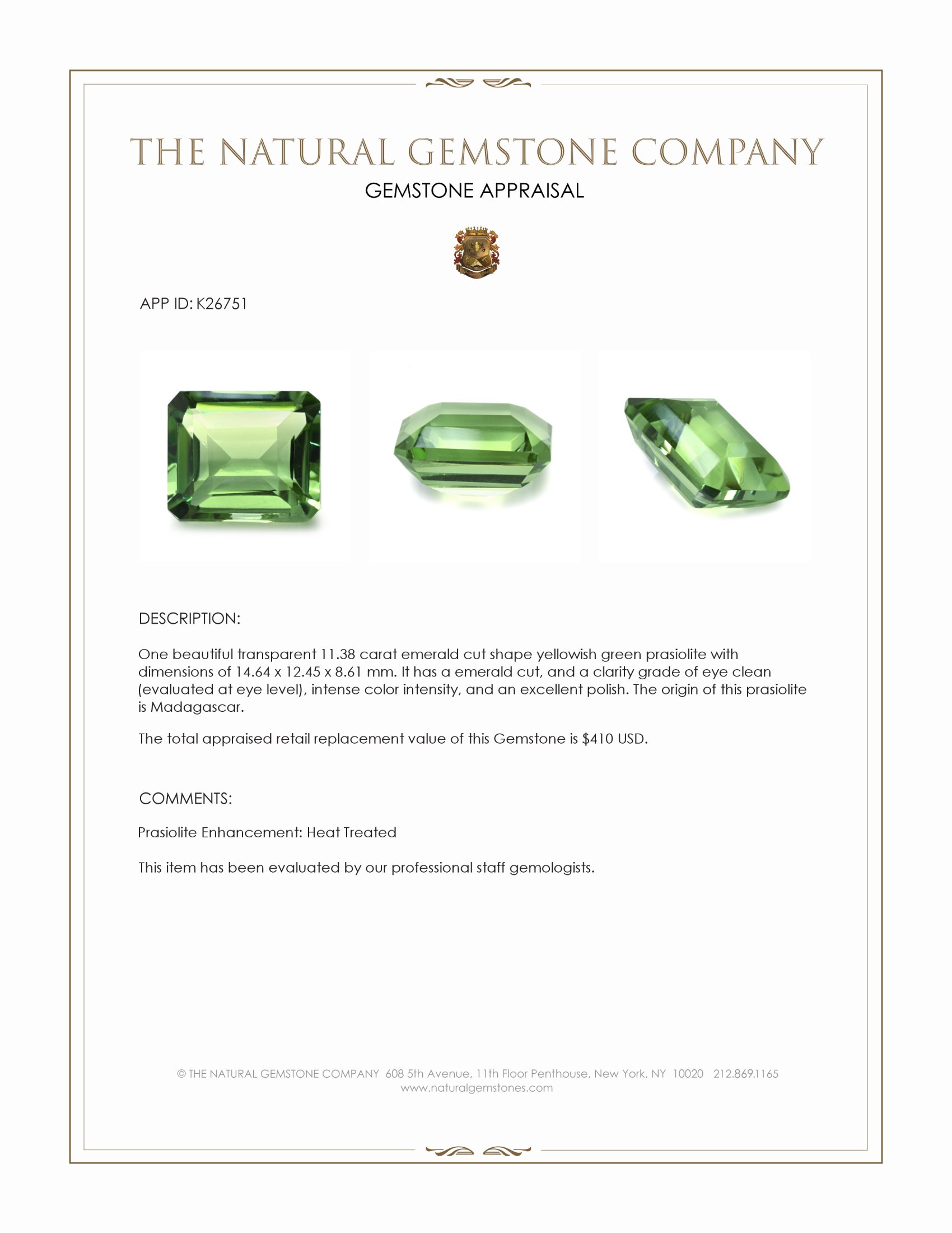 11.38 Ct. Yellowish Green Prasiolite from Madagascar