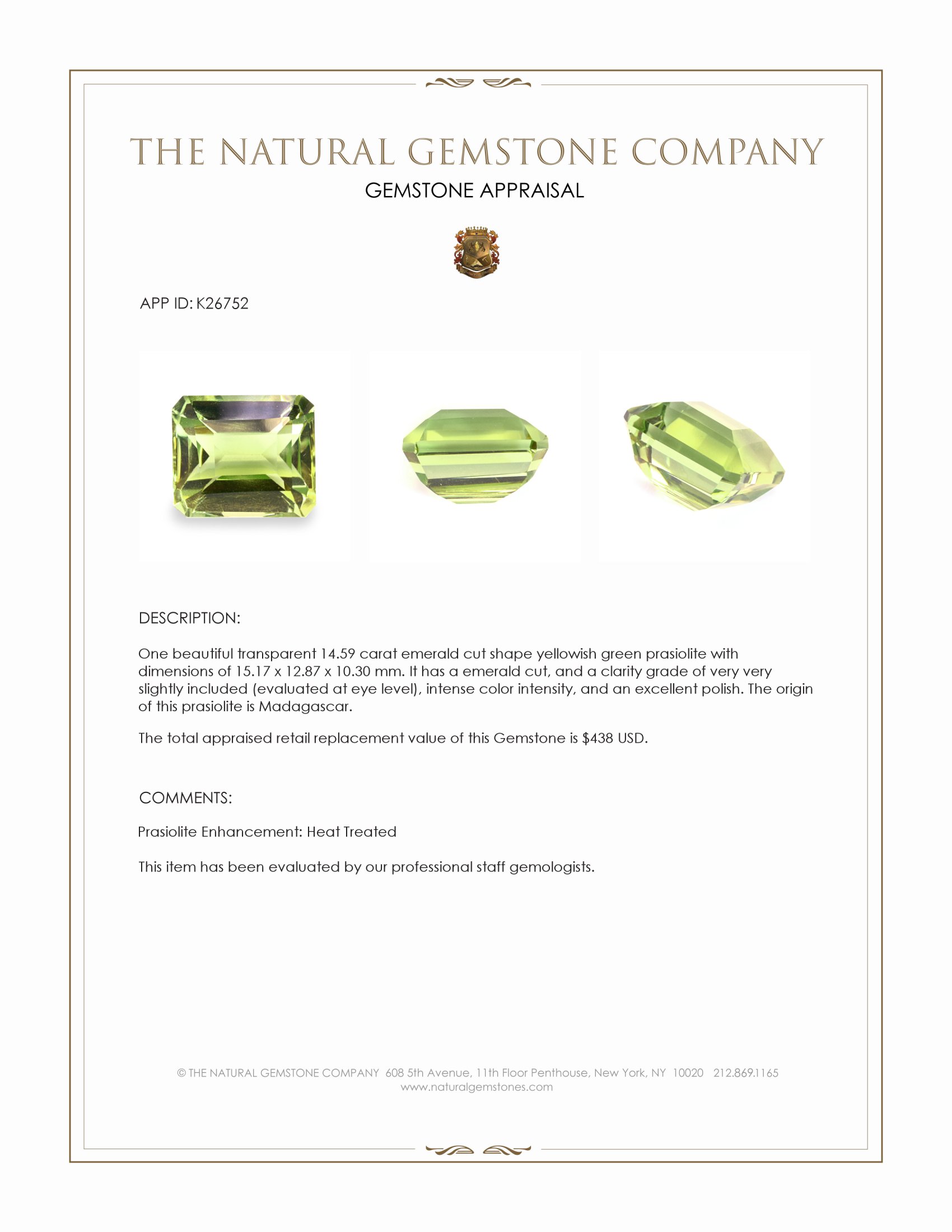 14.59 Ct. Yellowish Green Prasiolite from Madagascar