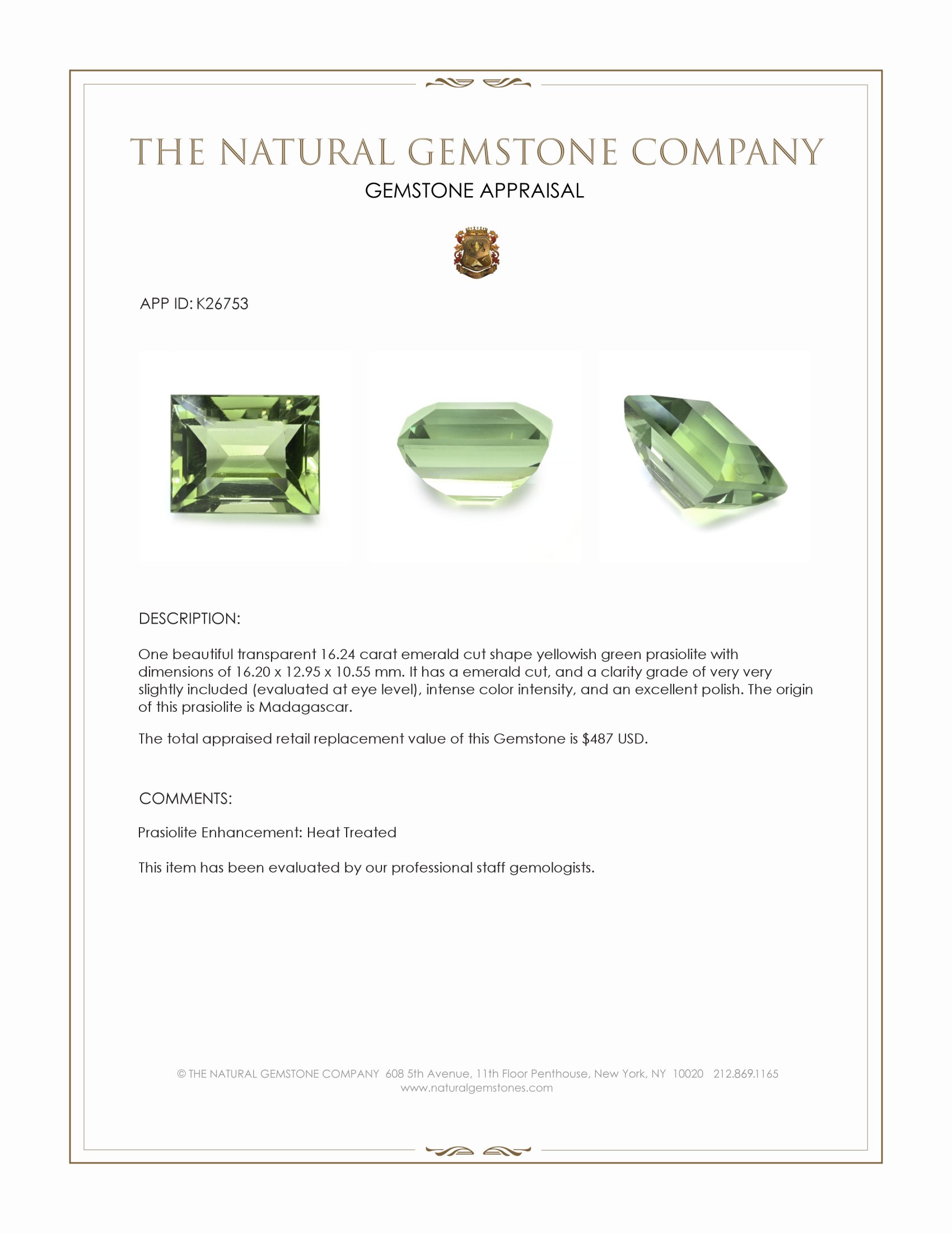16.24 Ct. Yellowish Green Prasiolite from Madagascar