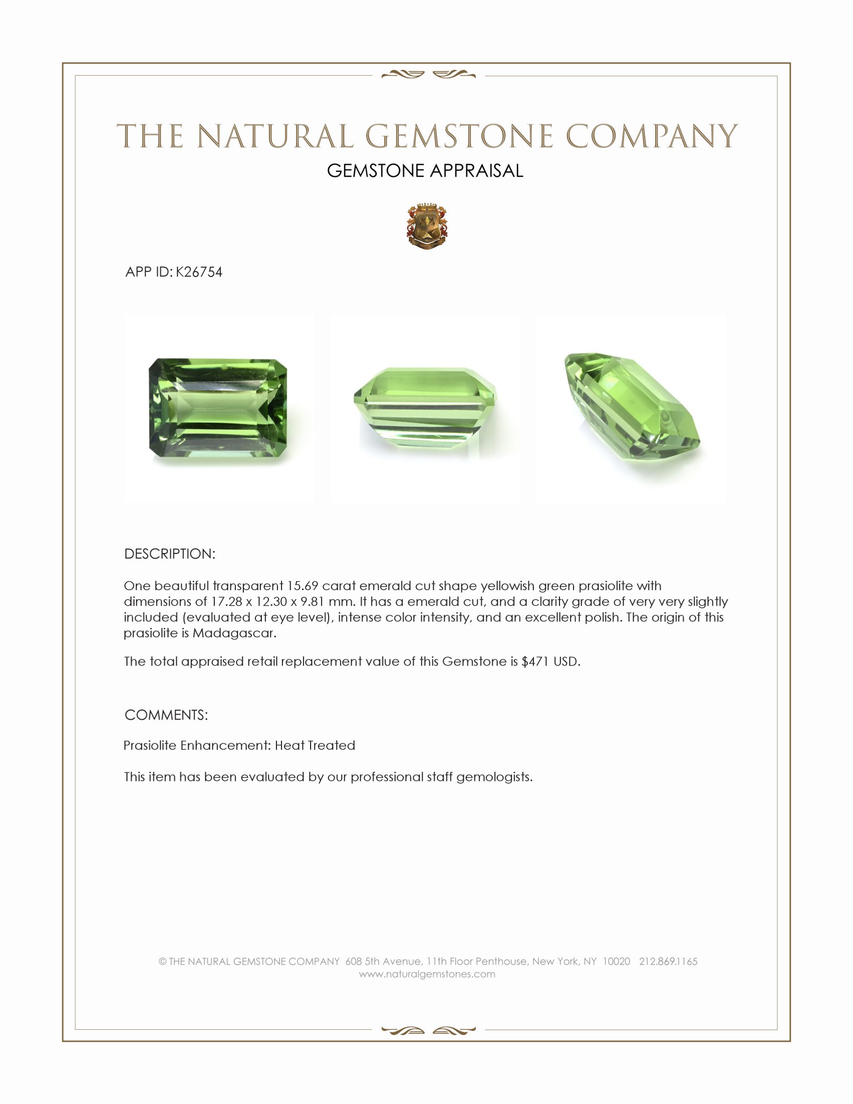 15.69 Ct. Yellowish Green Prasiolite from Madagascar