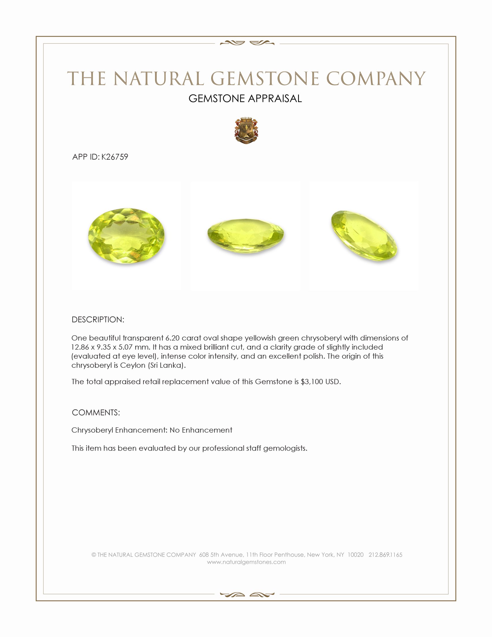 6.20 Ct. Yellowish Green Chrysoberyl from Ceylon (Sri Lanka)
