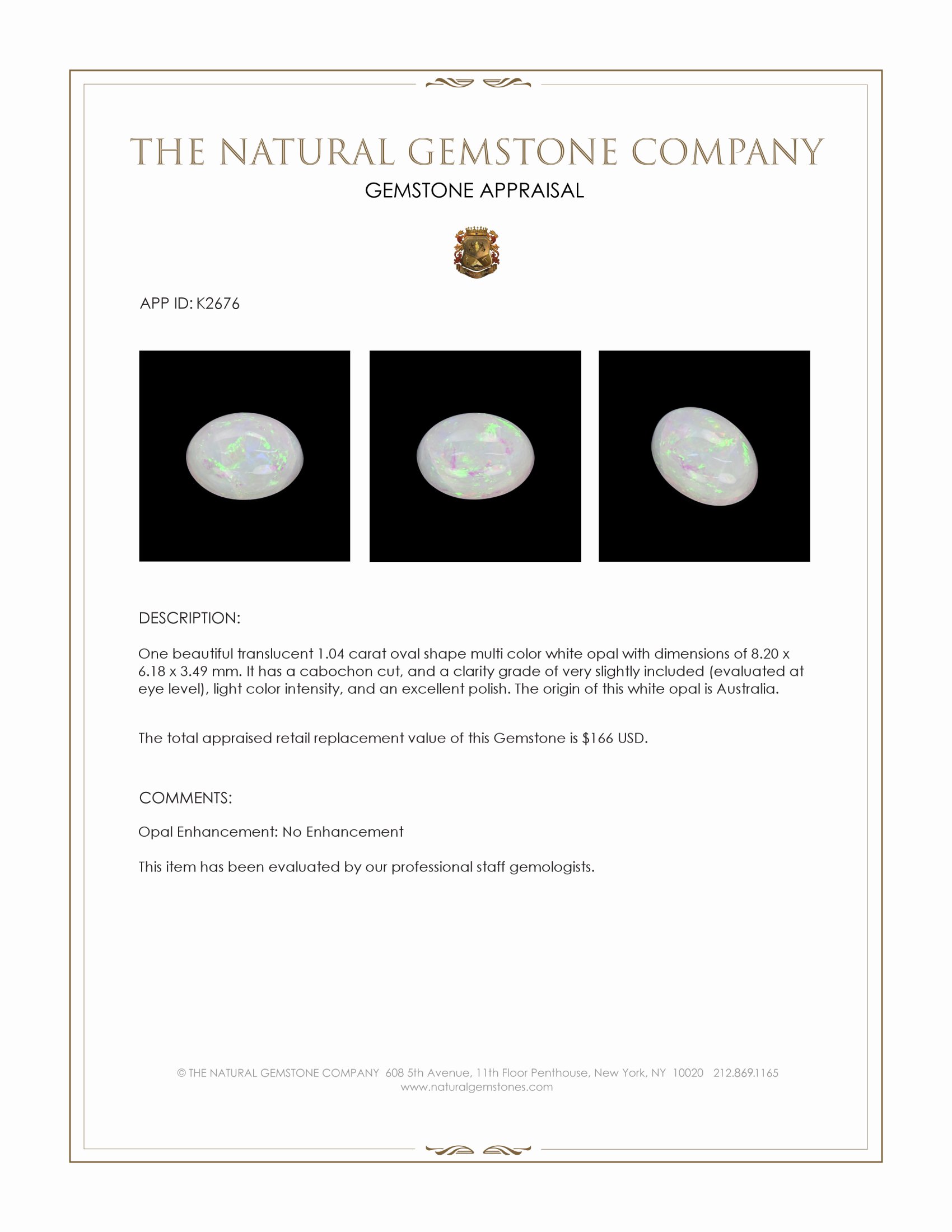 1.04 Ct. Cabochon White Opal from Australia