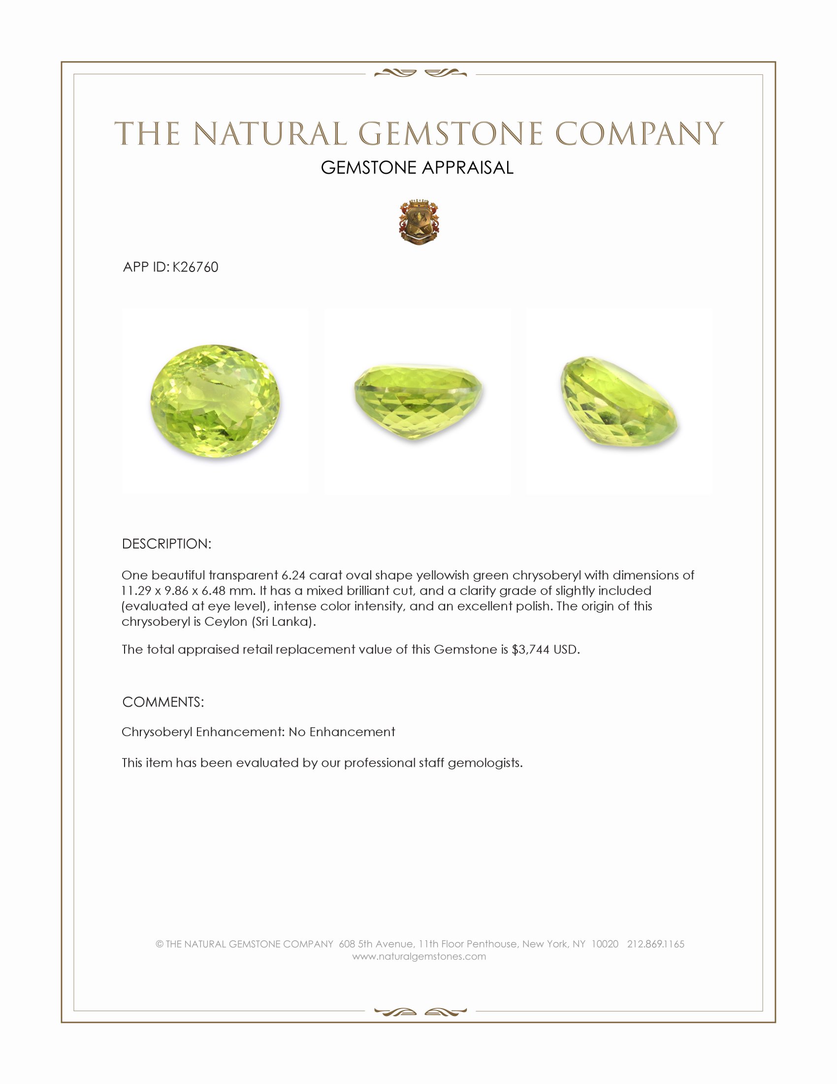6.24 Ct. Yellowish Green Chrysoberyl from Ceylon (Sri Lanka)