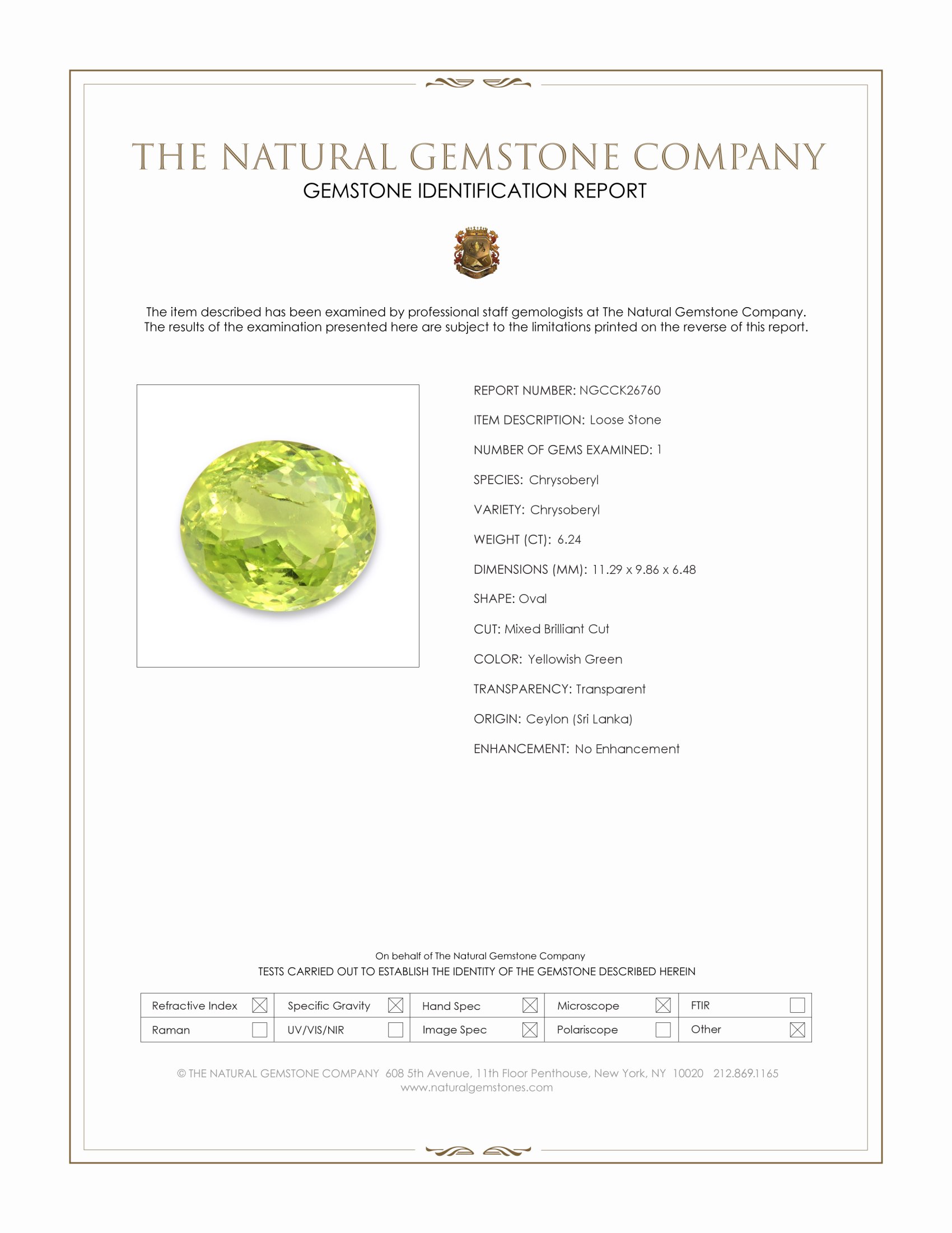 6.24 Ct. Yellowish Green Chrysoberyl from Ceylon (Sri Lanka)