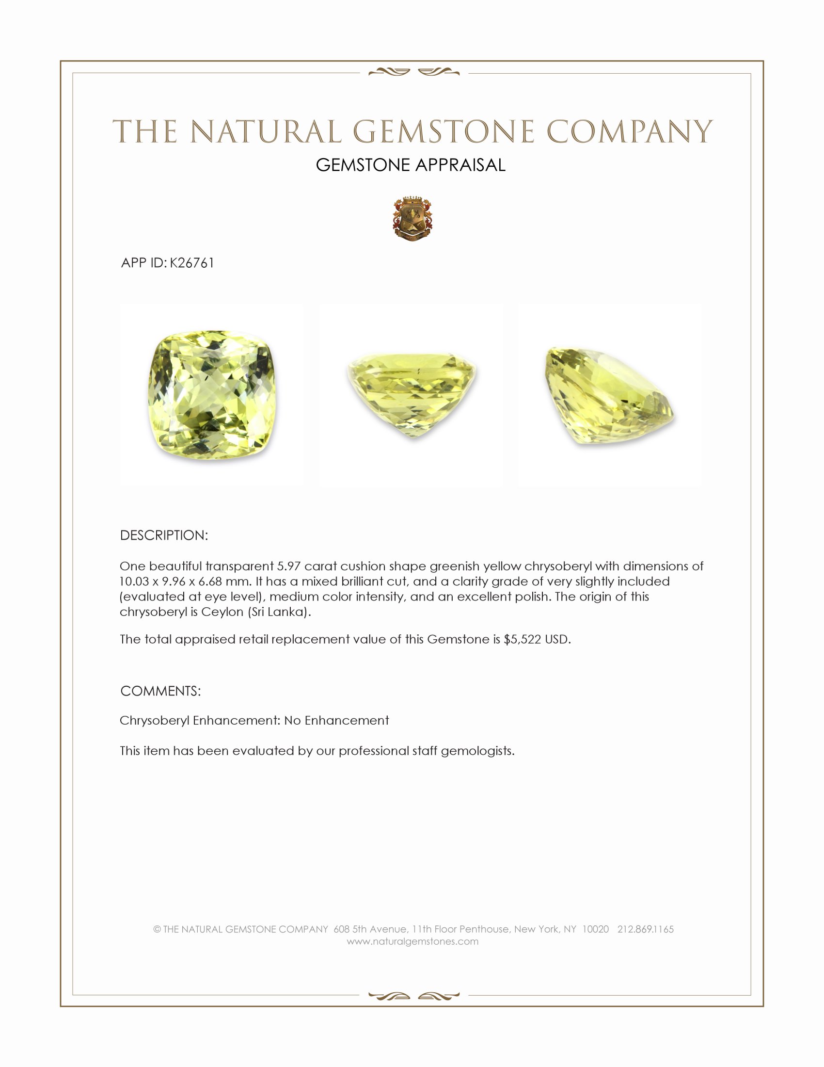 5.97 Ct. Greenish Yellow Chrysoberyl from Ceylon (Sri Lanka)