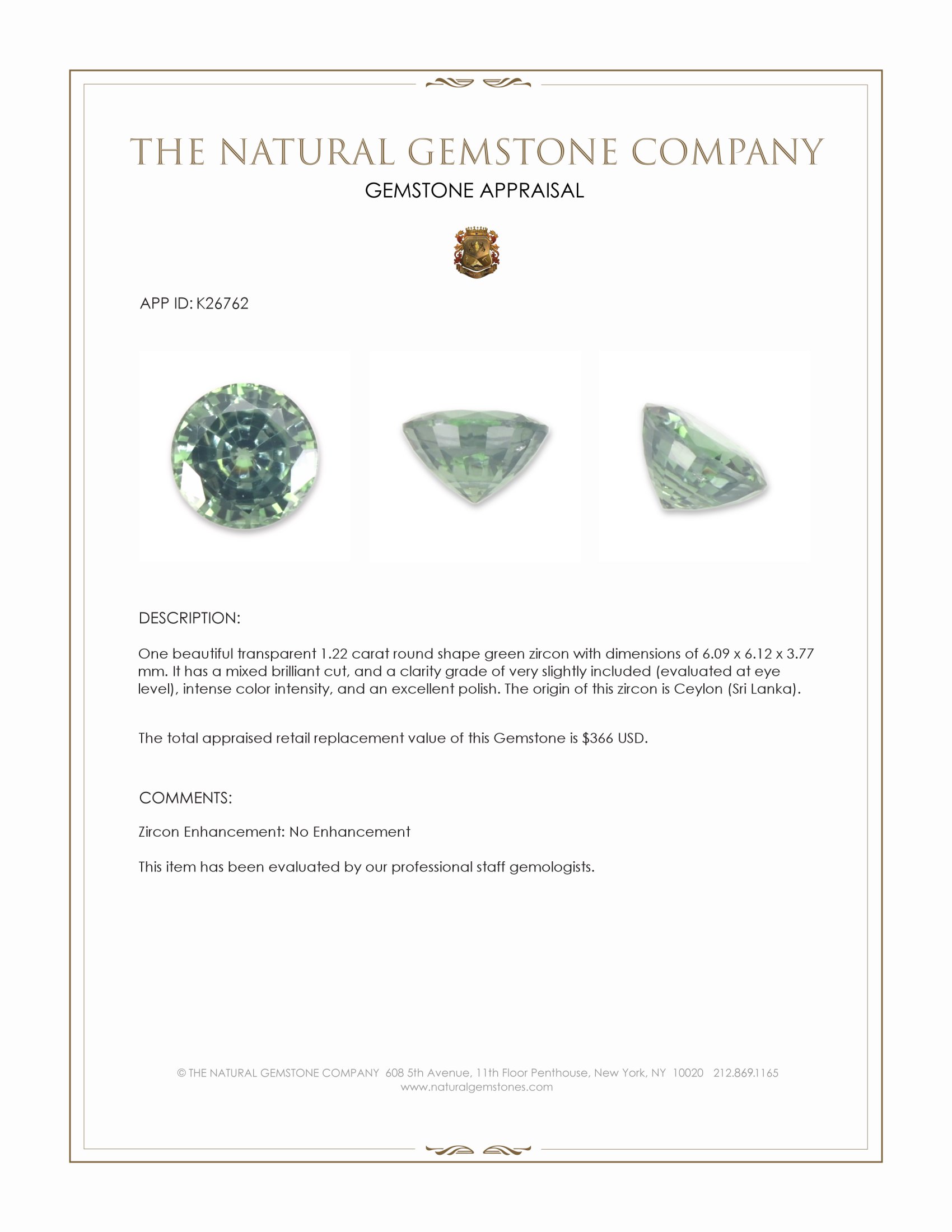 1.22 Ct. Green Zircon from Ceylon (Sri Lanka)
