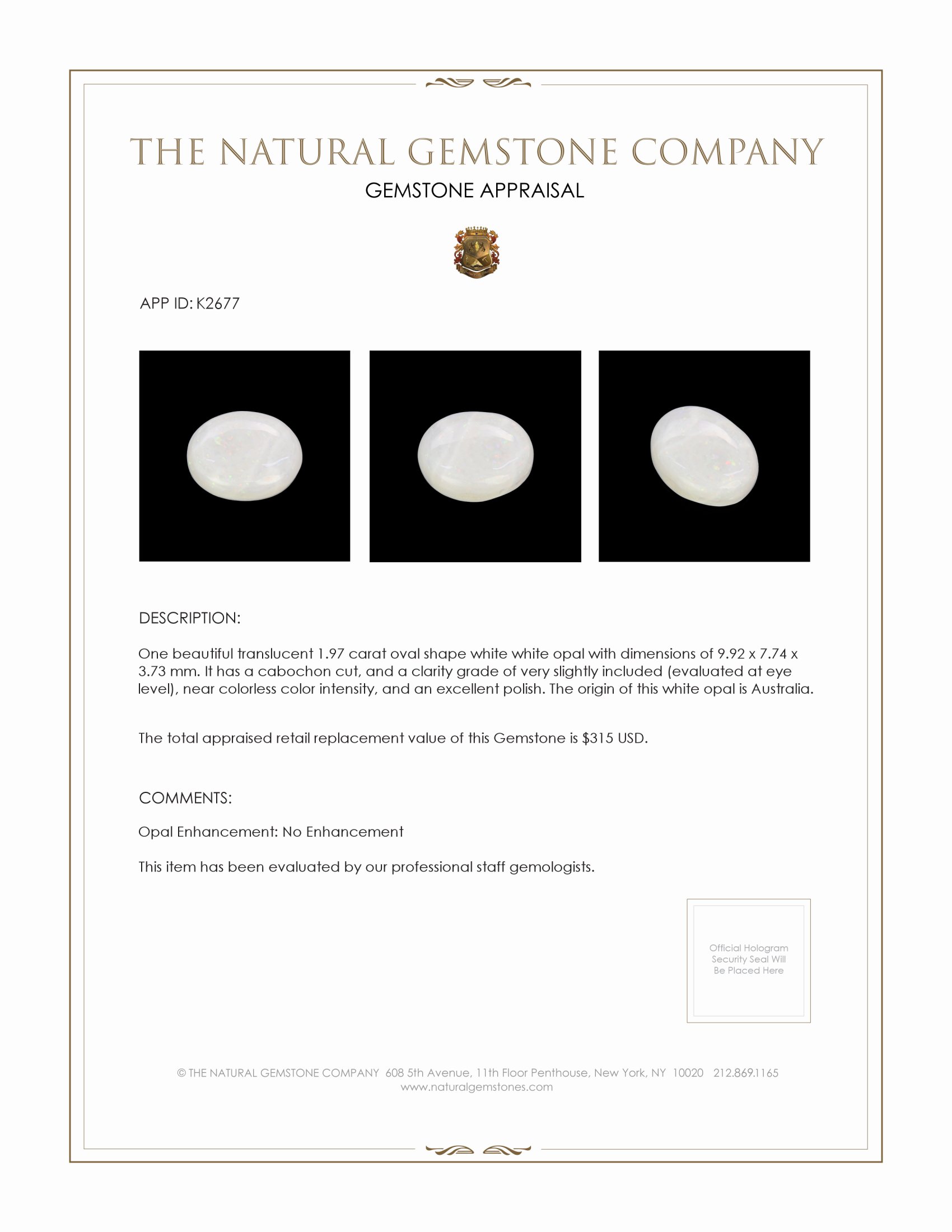 1.97 Ct. Cabochon White Opal from Australia