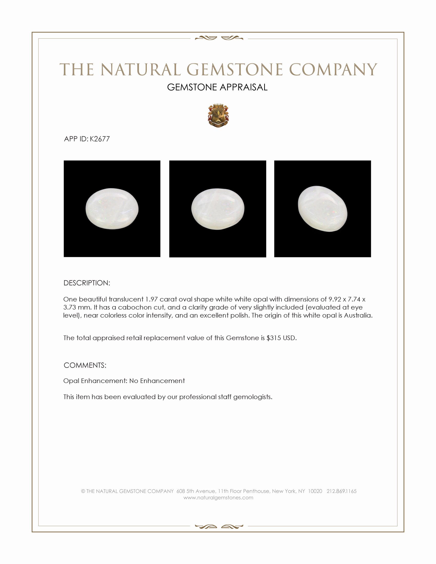 1.97 Ct. Cabochon White Opal from Australia