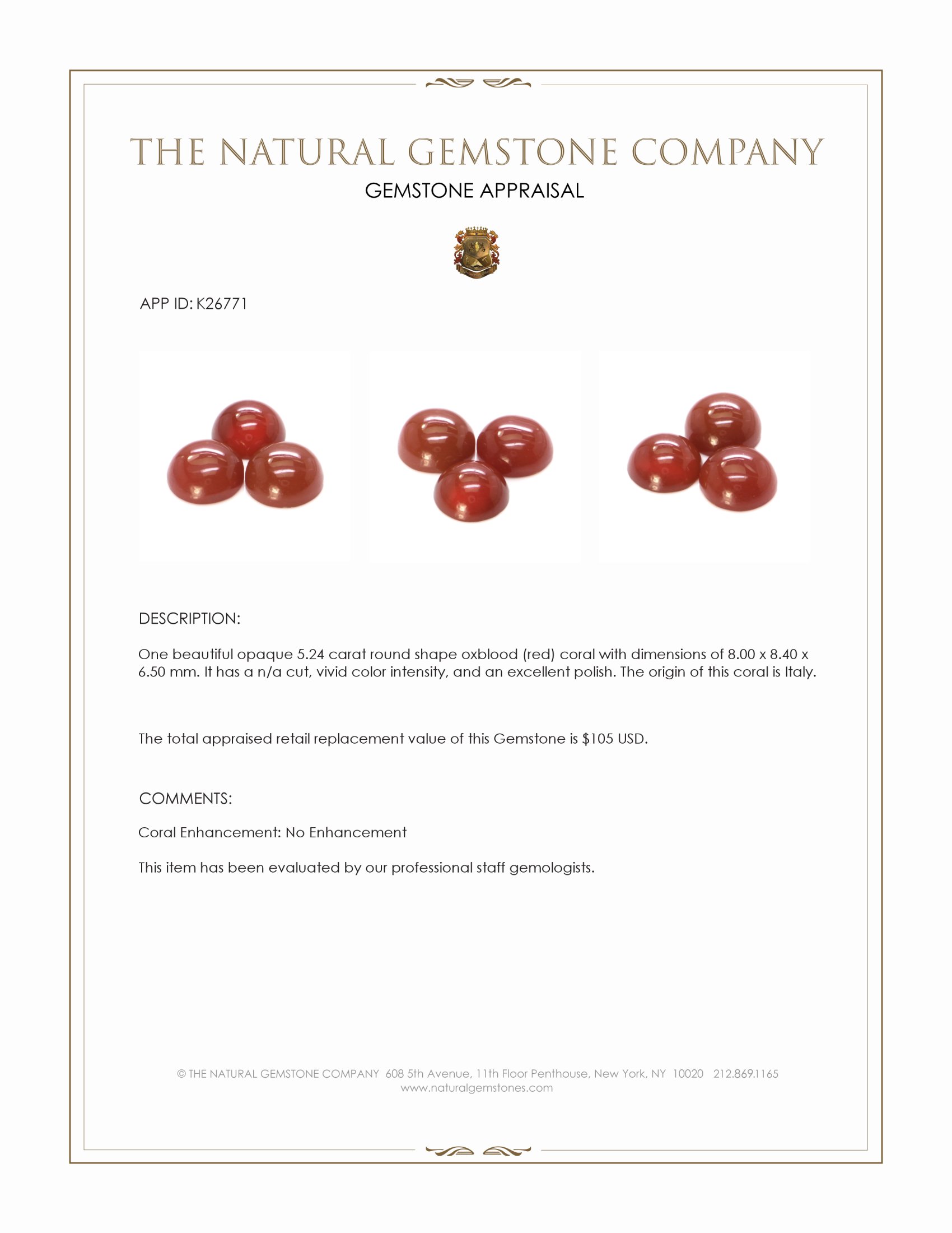 5.24 Ct. Oxblood (Red) Coral from Italy