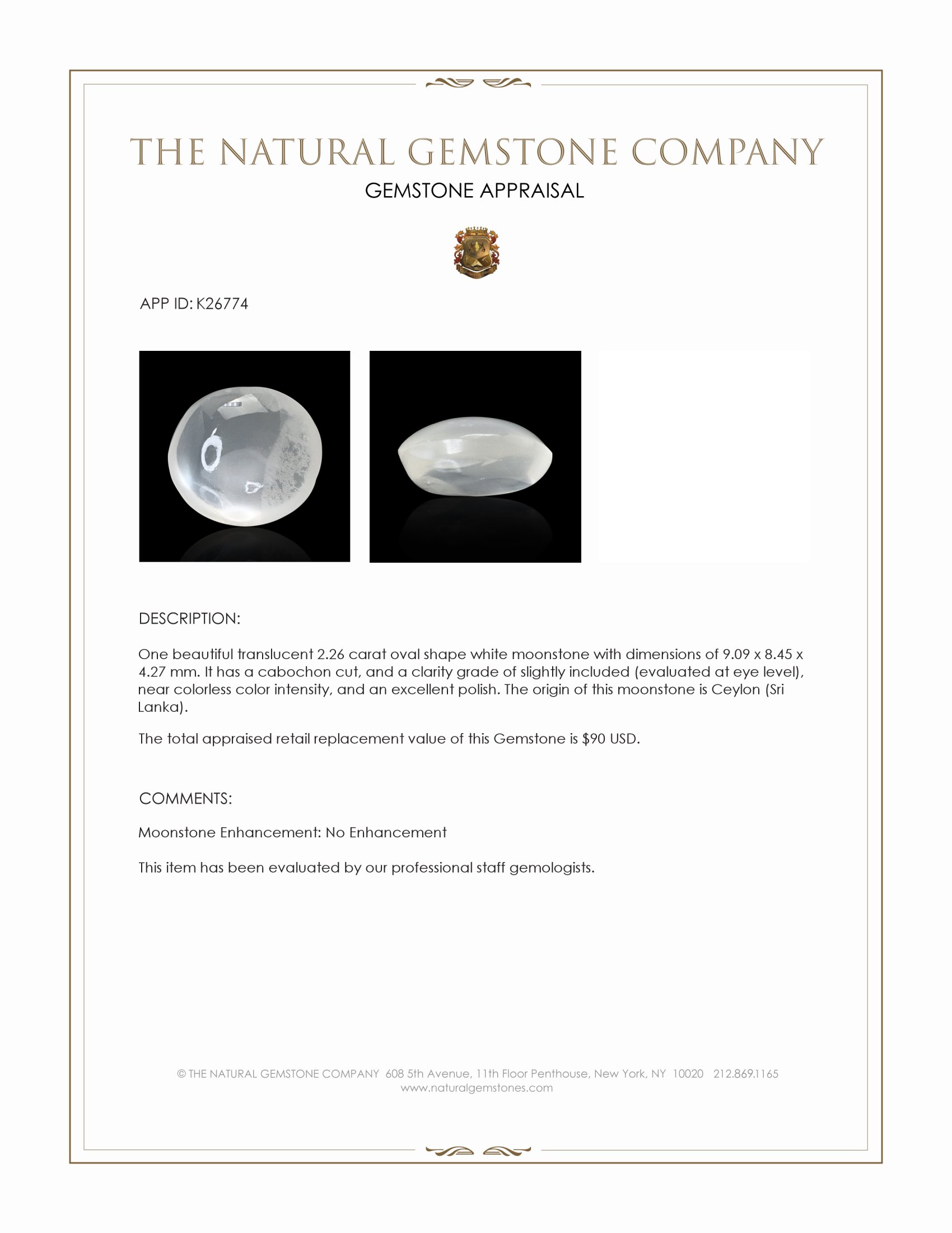 2.26 Ct. White Cabochon Moonstone from Ceylon (Sri Lanka)