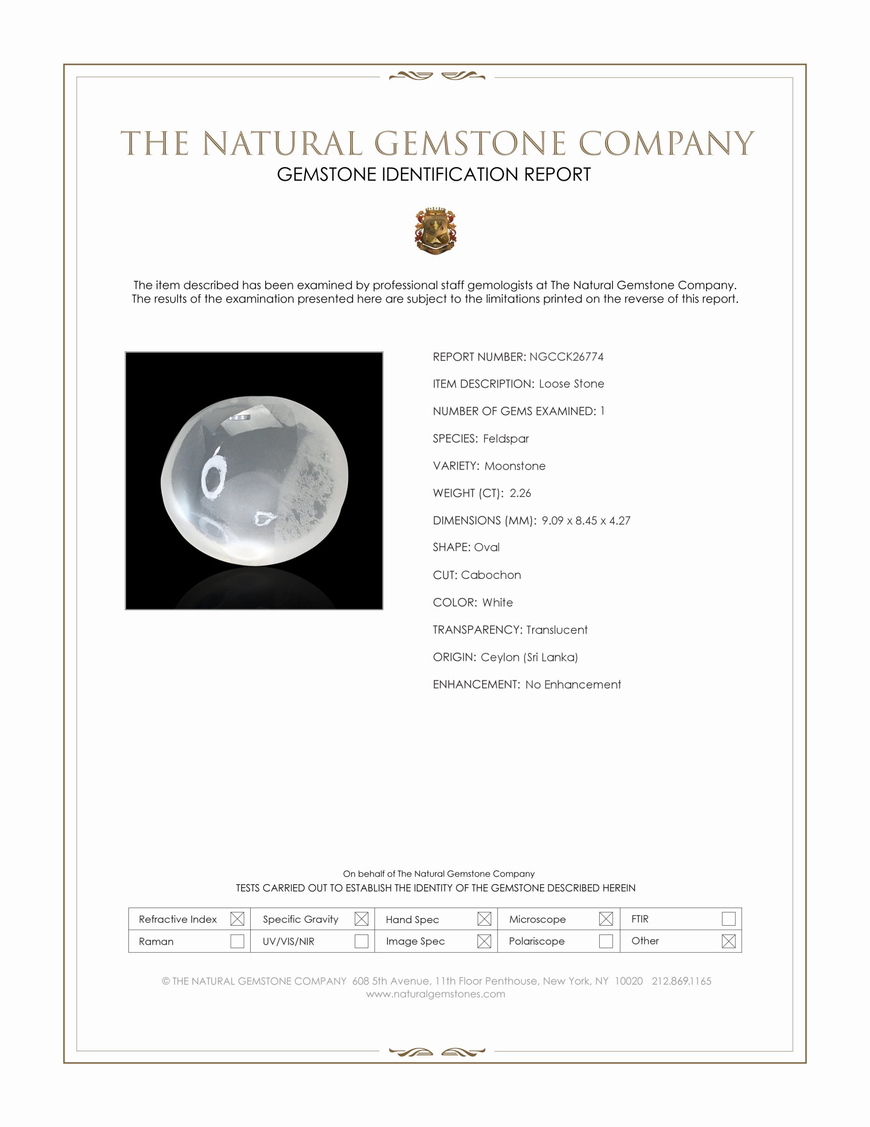 2.26 Ct. White Cabochon Moonstone from Ceylon (Sri Lanka)