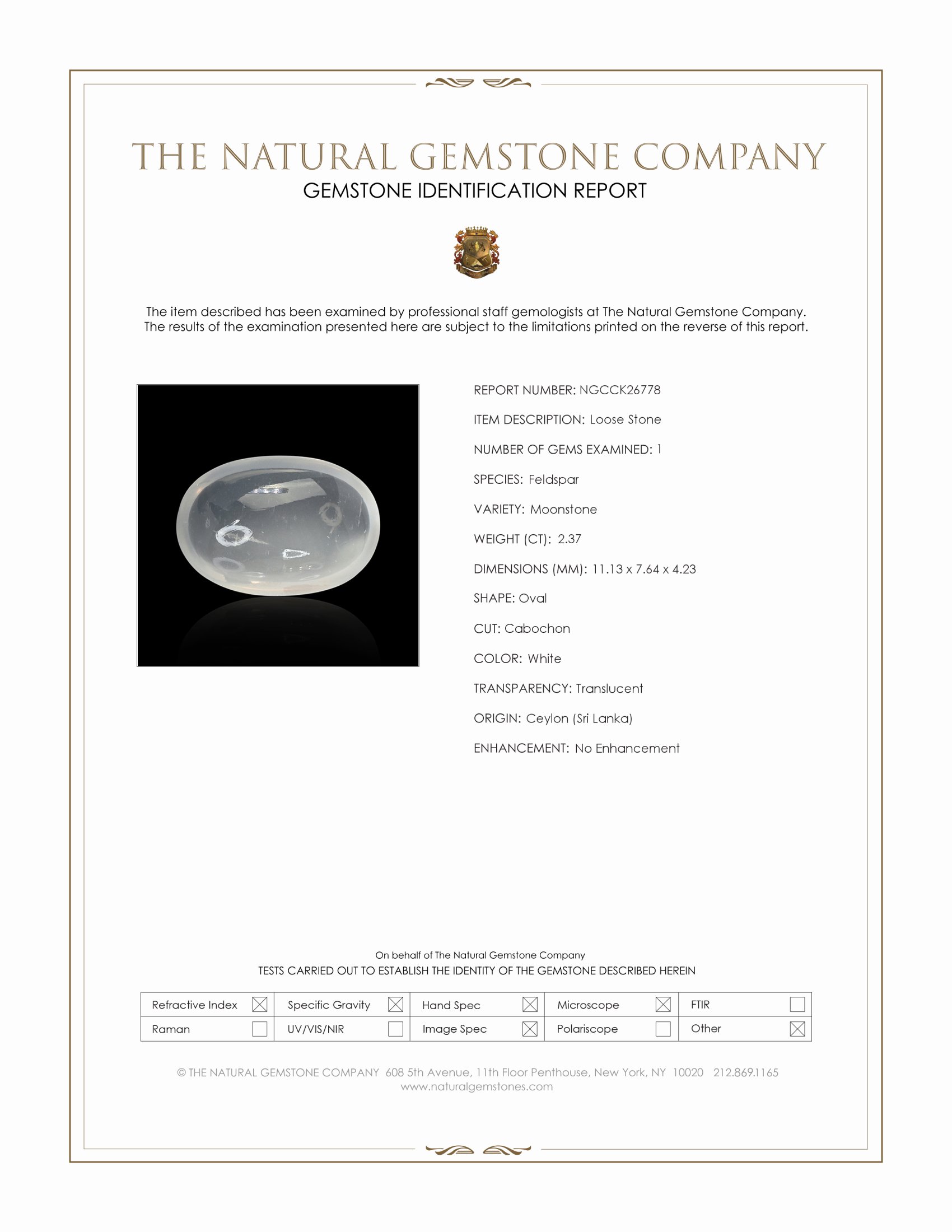 2.37 Ct. White Cabochon Moonstone from Ceylon (Sri Lanka)