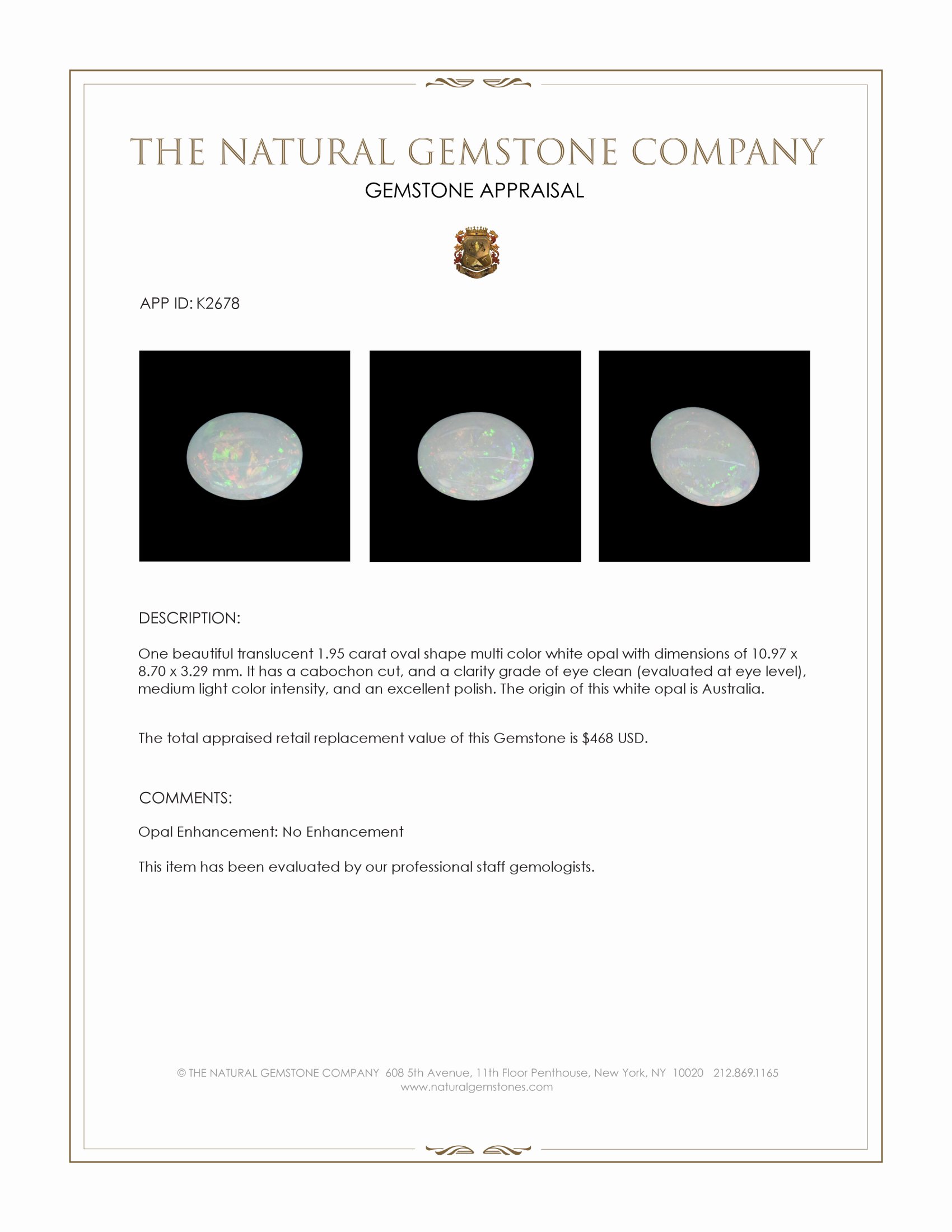 1.95 Ct. Cabochon White Opal from Australia