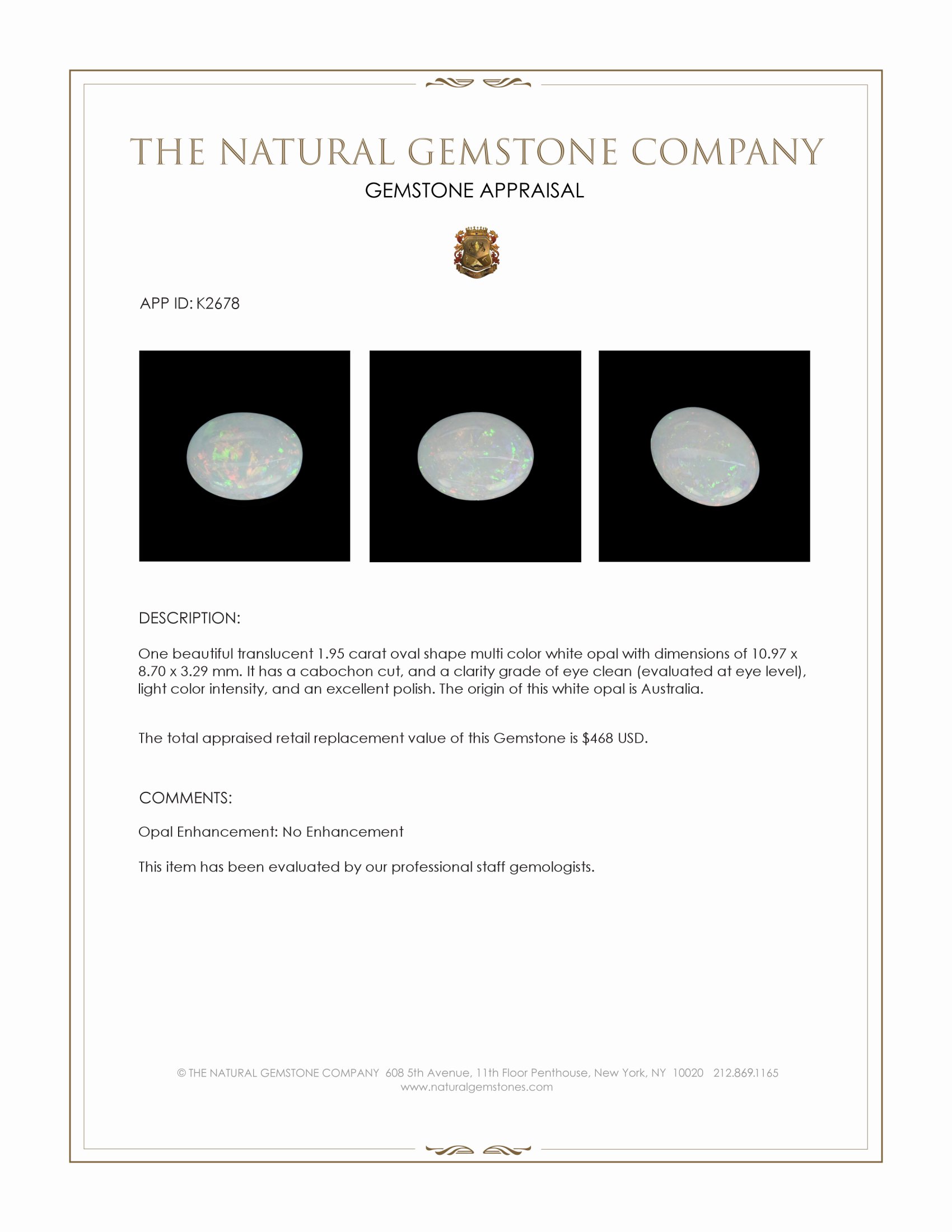 1.95 Ct. Cabochon White Opal from Australia