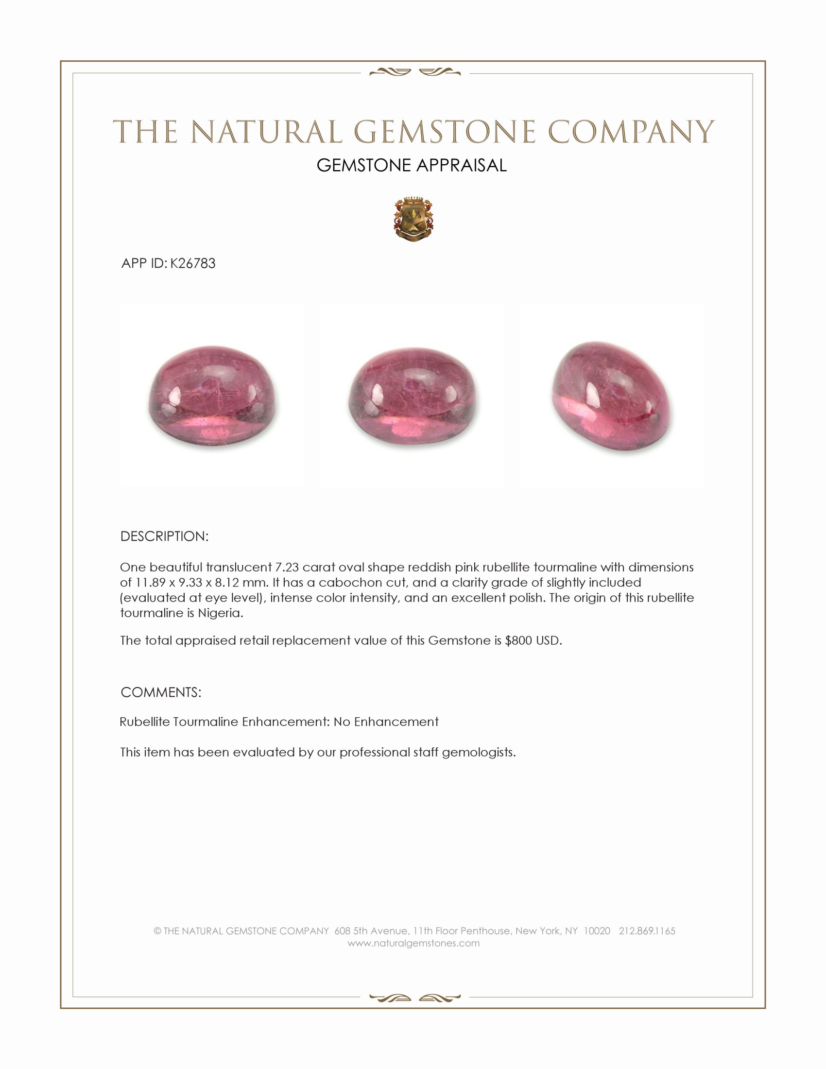 7.23 Ct. Reddish Pink Cabochon Rubellite Tourmaline from Nigeria