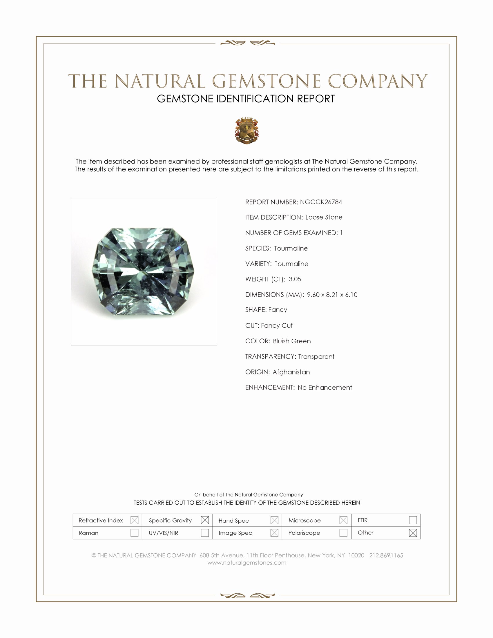 3.05 Ct. Bluish Green Tourmaline from Afghanistan