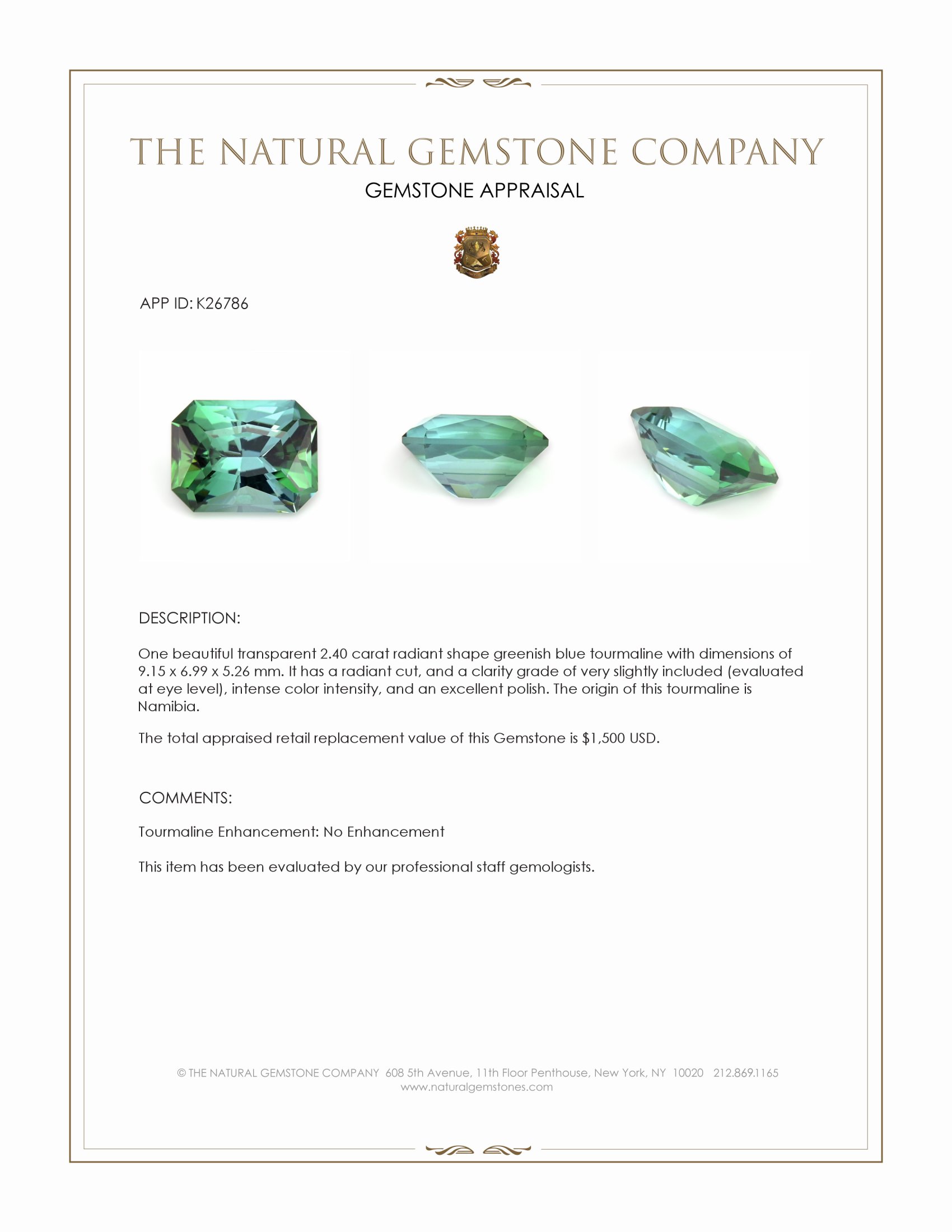 2.40 Ct. Greenish Blue Tourmaline from Namibia