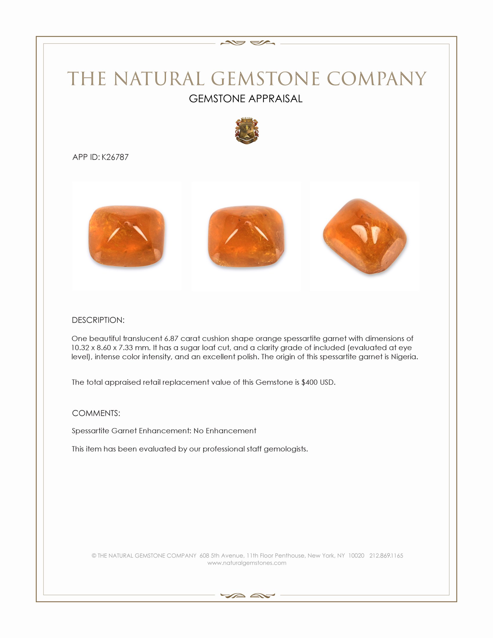 6.87 Ct. Orange Cabochon Spessartite Garnet from Nigeria