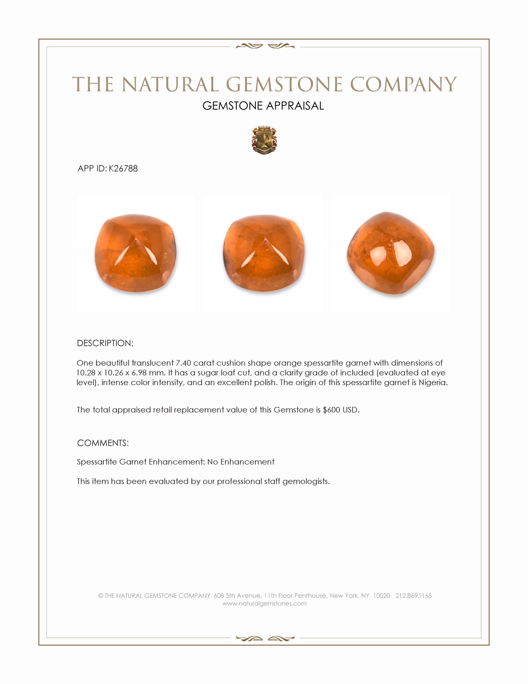 7.40 Ct. Orange Cabochon Spessartite Garnet from Nigeria