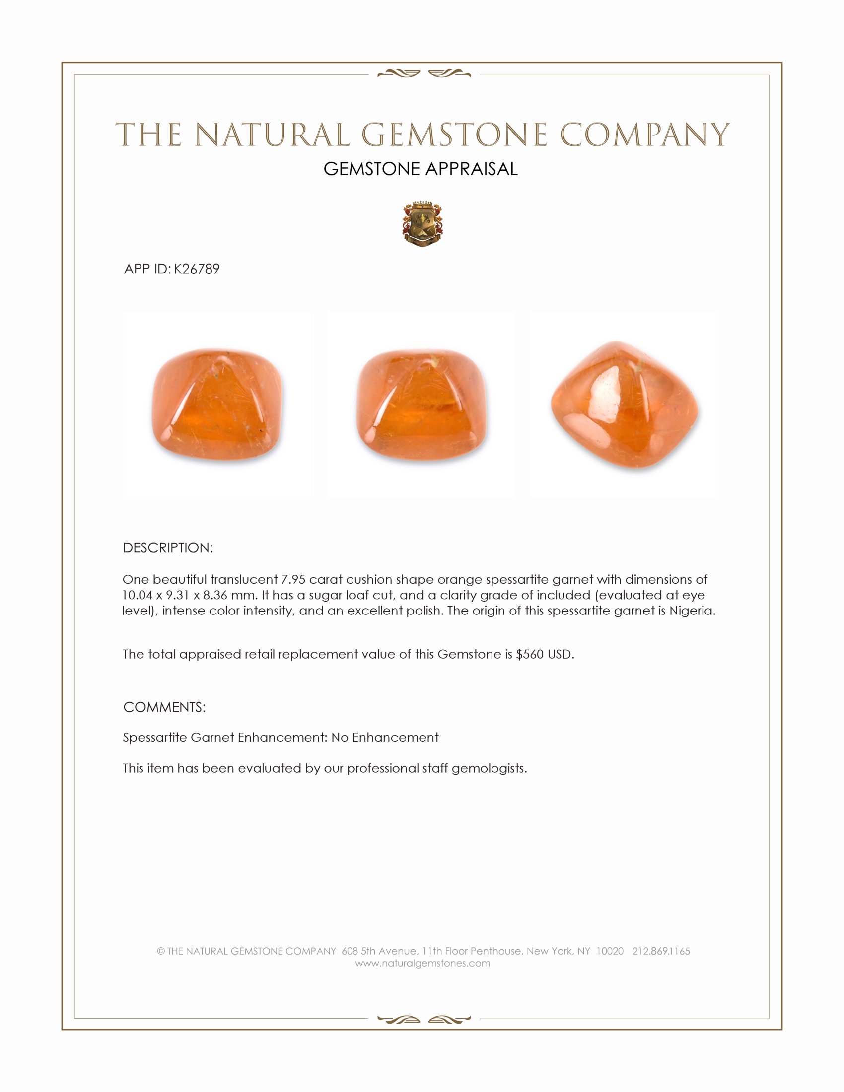 7.95 Ct. Orange Cabochon Spessartite Garnet from Nigeria