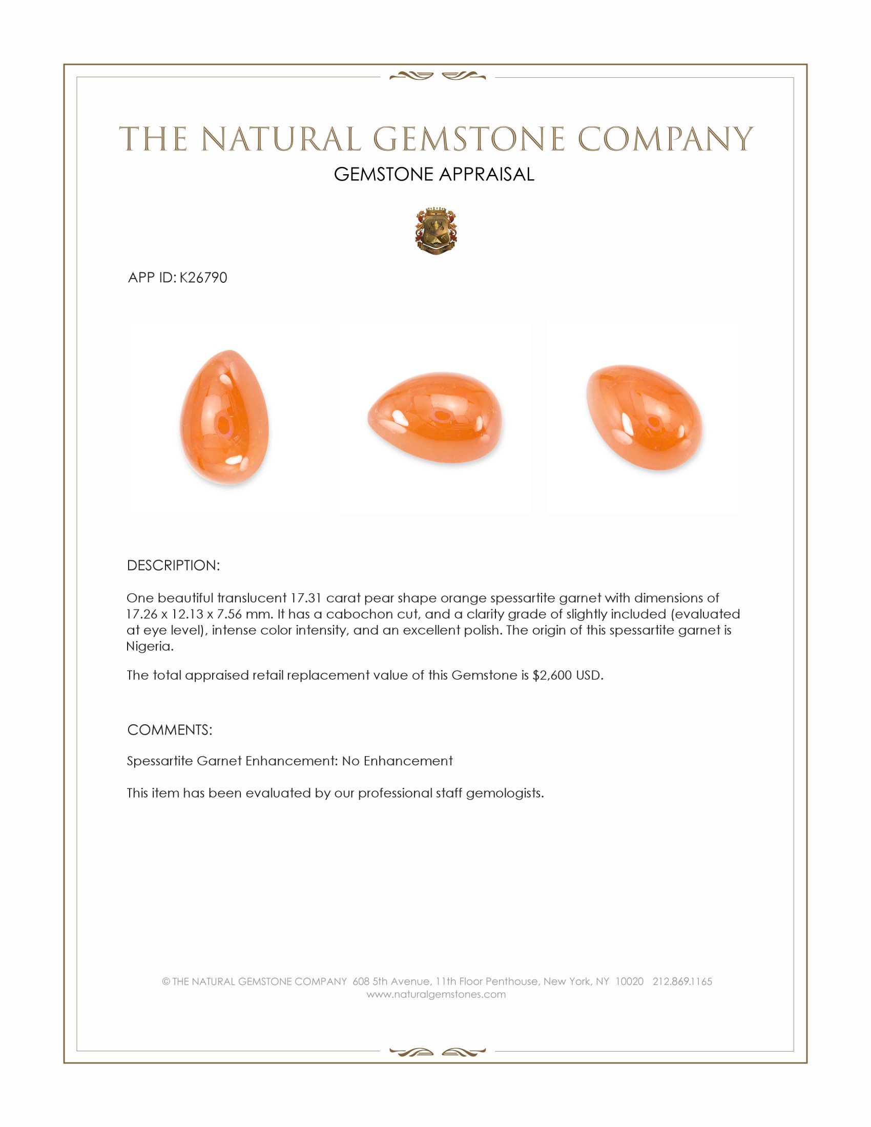 17.31 Ct. Orange Cabochon Spessartite Garnet from Nigeria