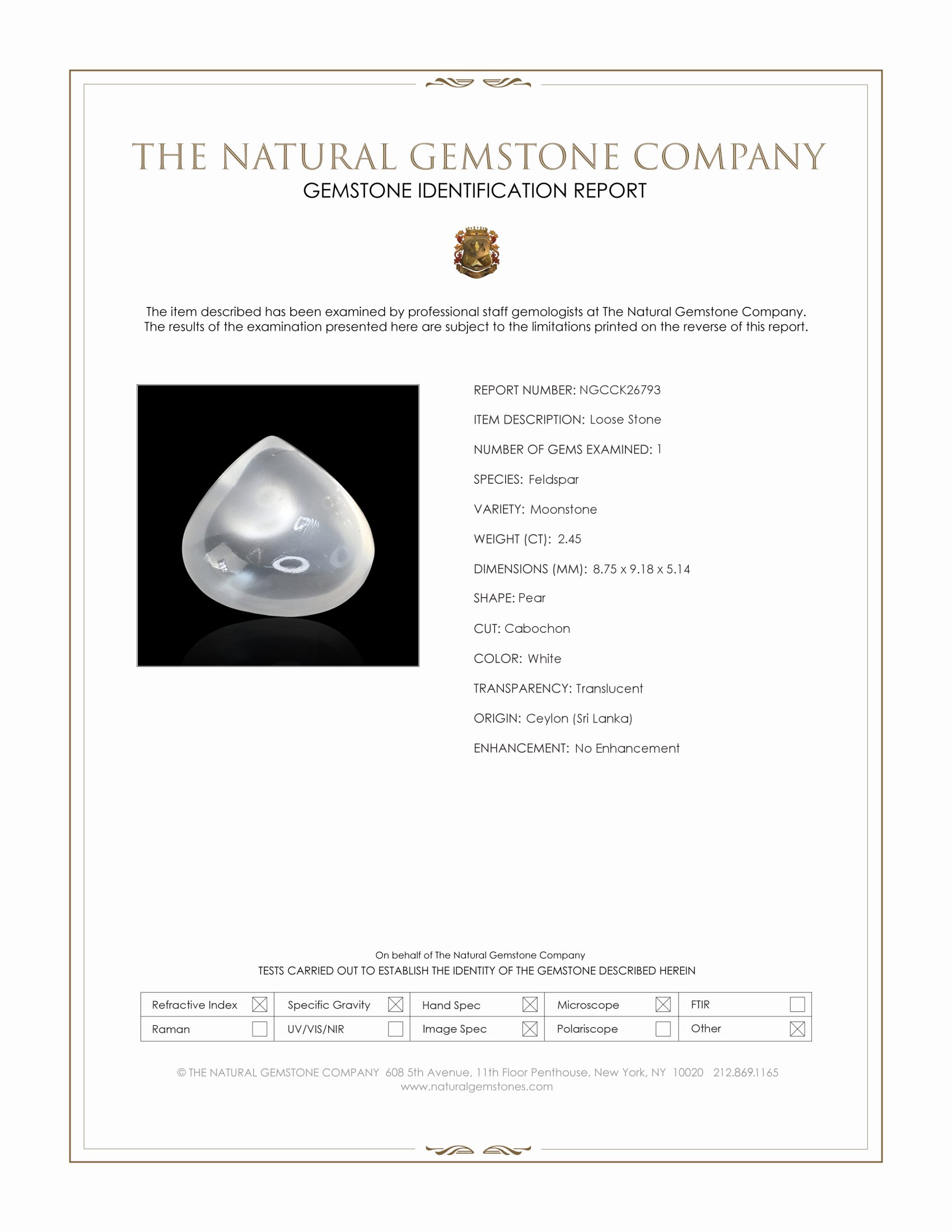 2.45 Ct. White Cabochon Moonstone from Ceylon (Sri Lanka)