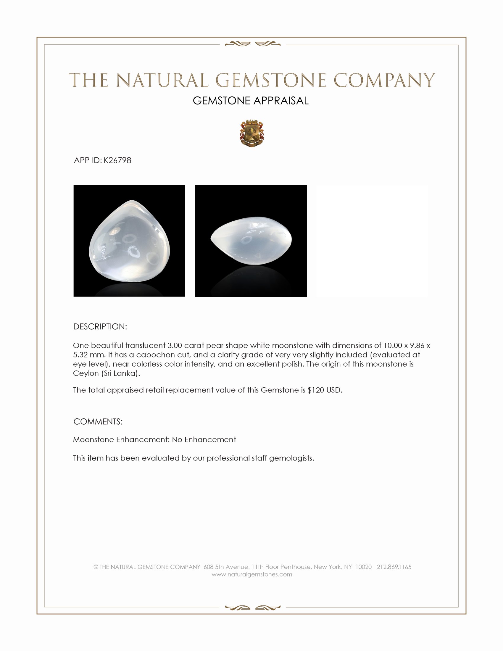 3.00 Ct. White Cabochon Moonstone from Ceylon (Sri Lanka)