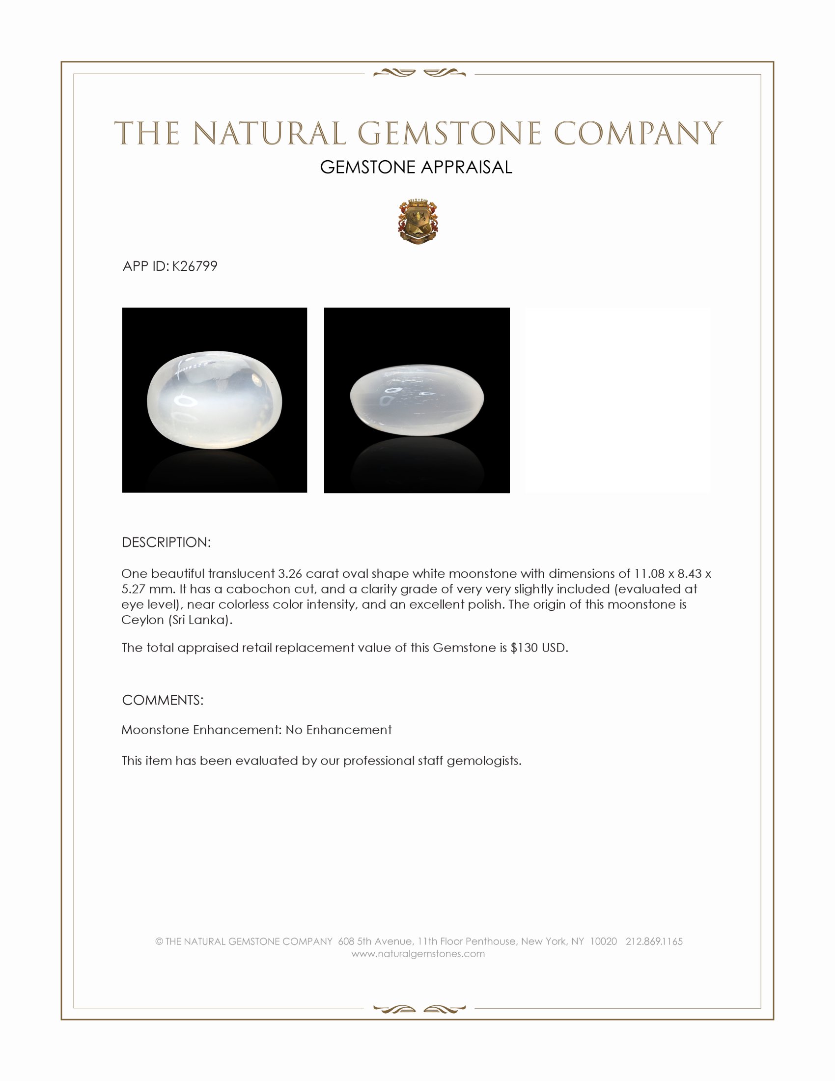 3.26 Ct. White Cabochon Moonstone from Ceylon (Sri Lanka)